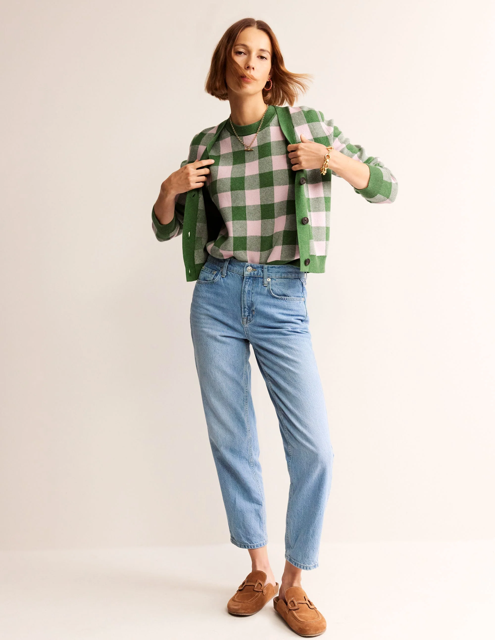 Gingham Vest-Rich Emerald, Blossom Pink - Image 4