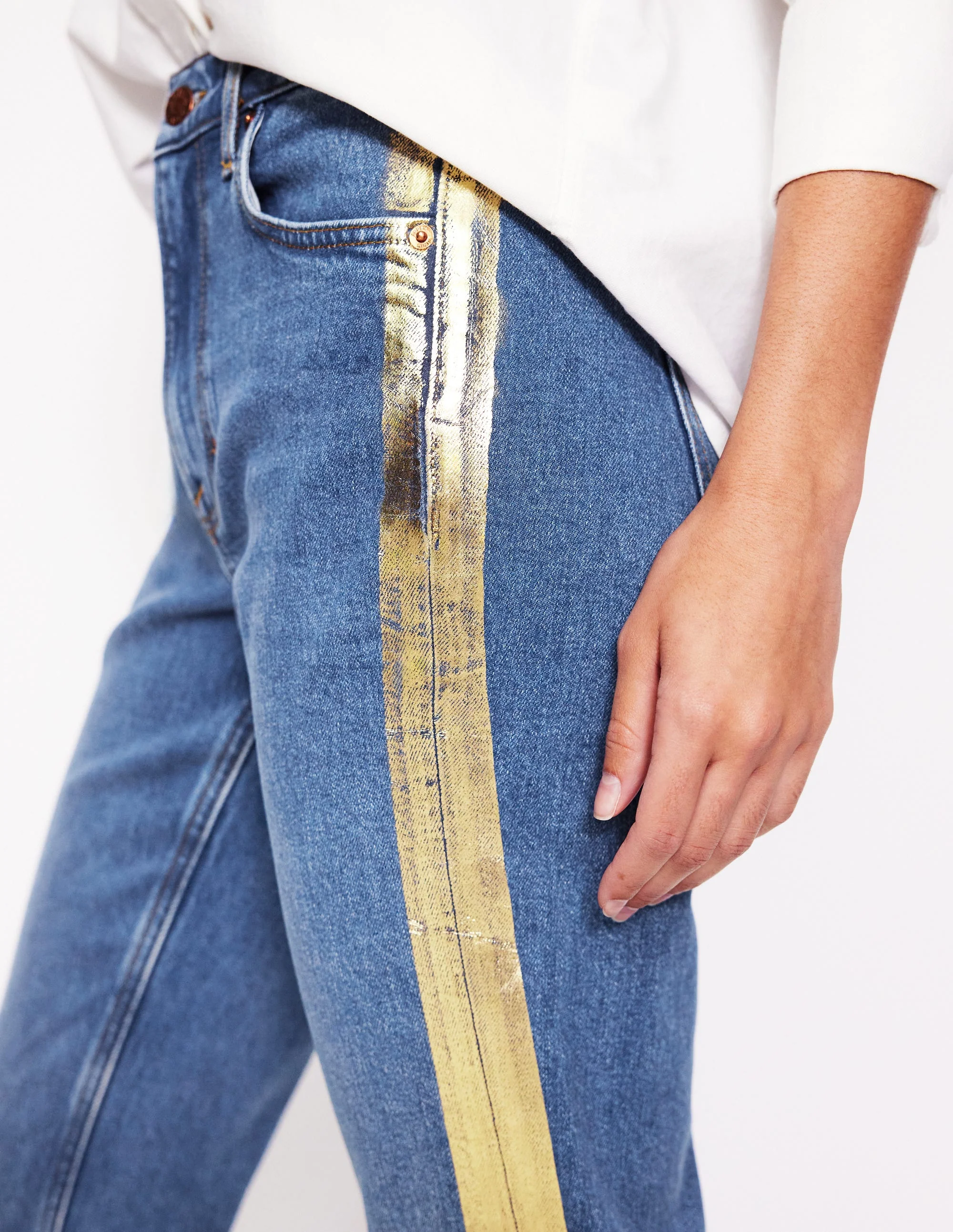 Girlfriend Jeans-Metallic Gold Side Stripe - Image 2