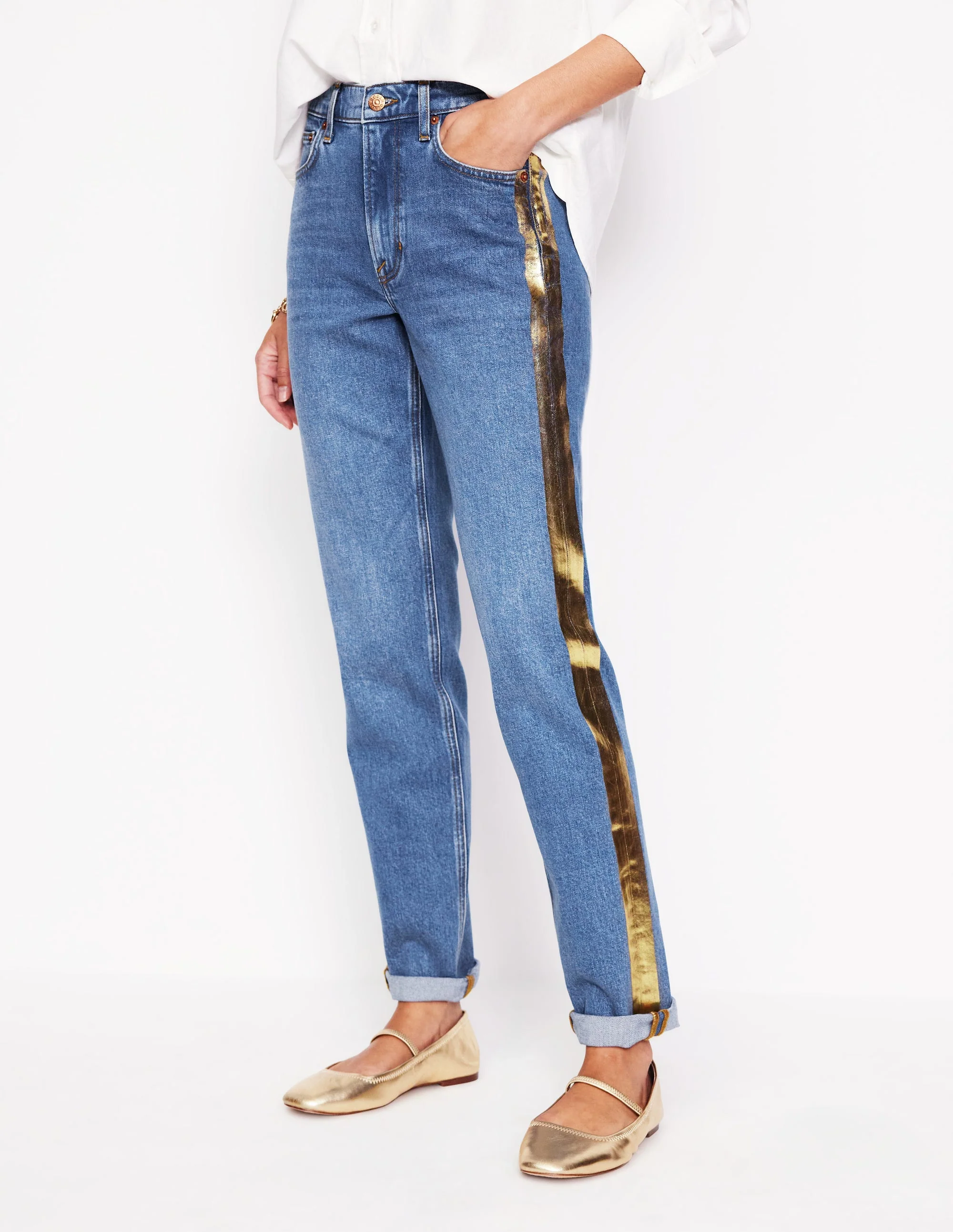 Girlfriend Jeans-Metallic Gold Side Stripe - Image 4