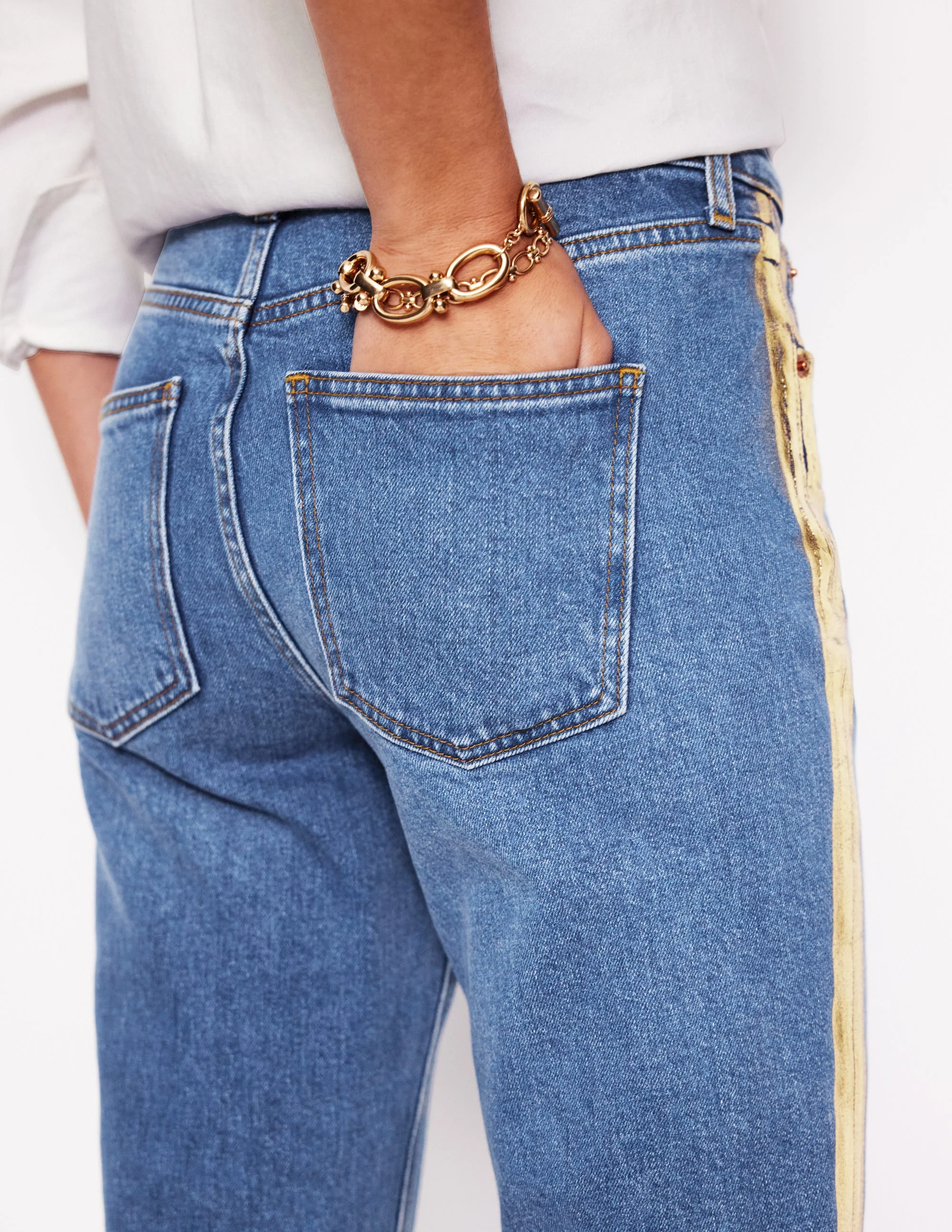 Girlfriend Jeans-Metallic Gold Side Stripe - Image 5