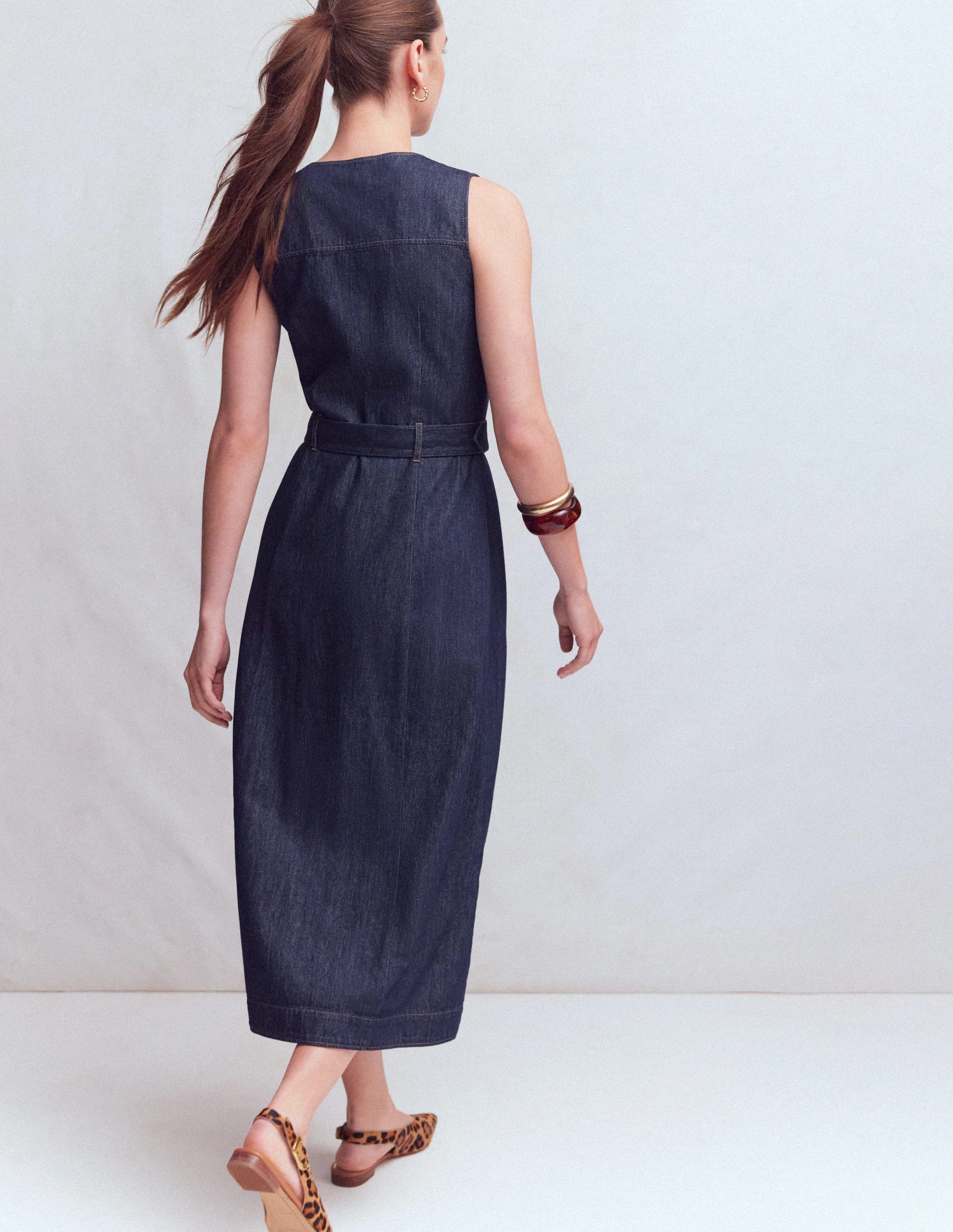 Gold Button Denim Midi Dress-Indigo - Image 3