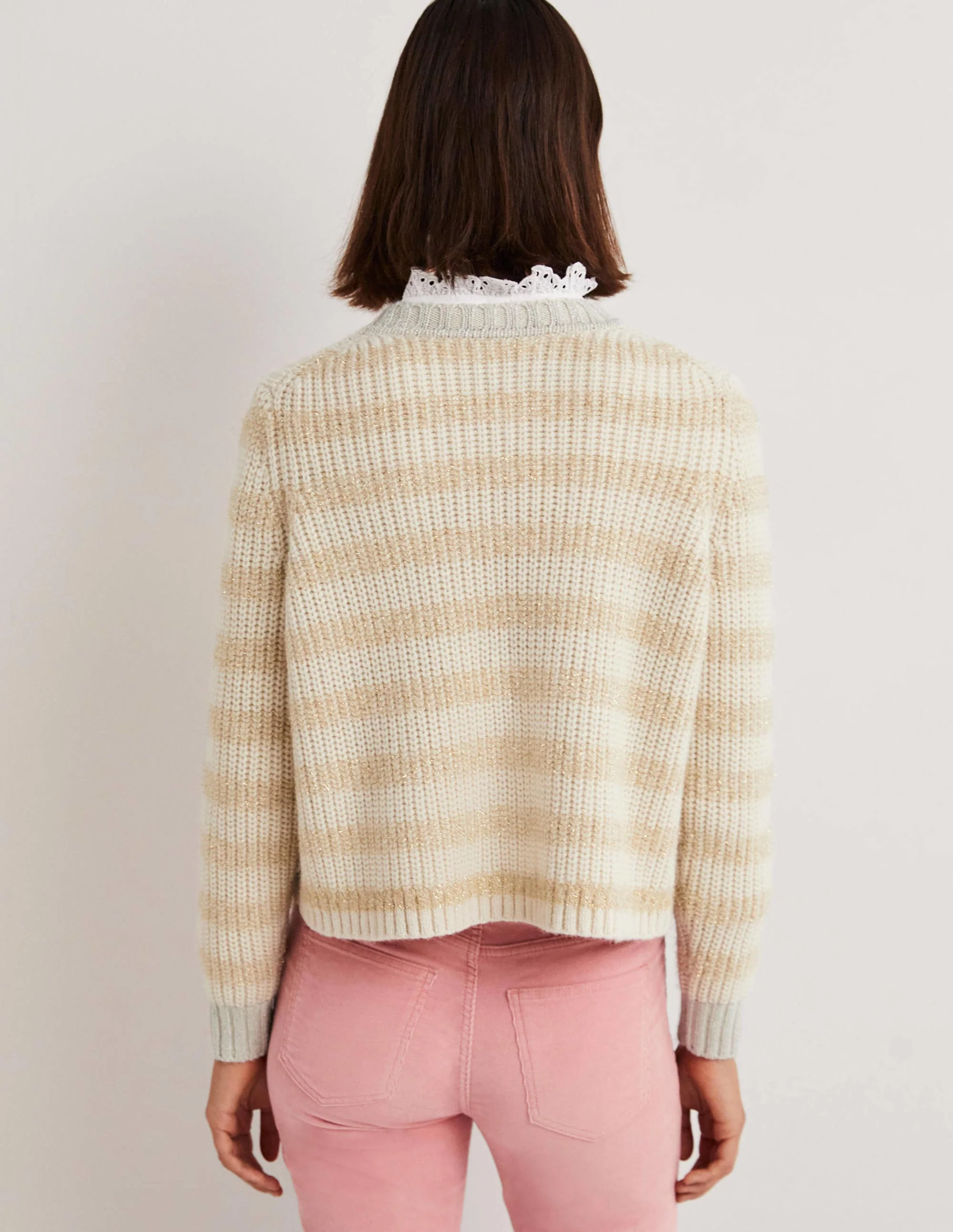 Gold Sparkle Stripe Ribbed Sweater-Ivory, Gold Tinsel Stripe - Image 3