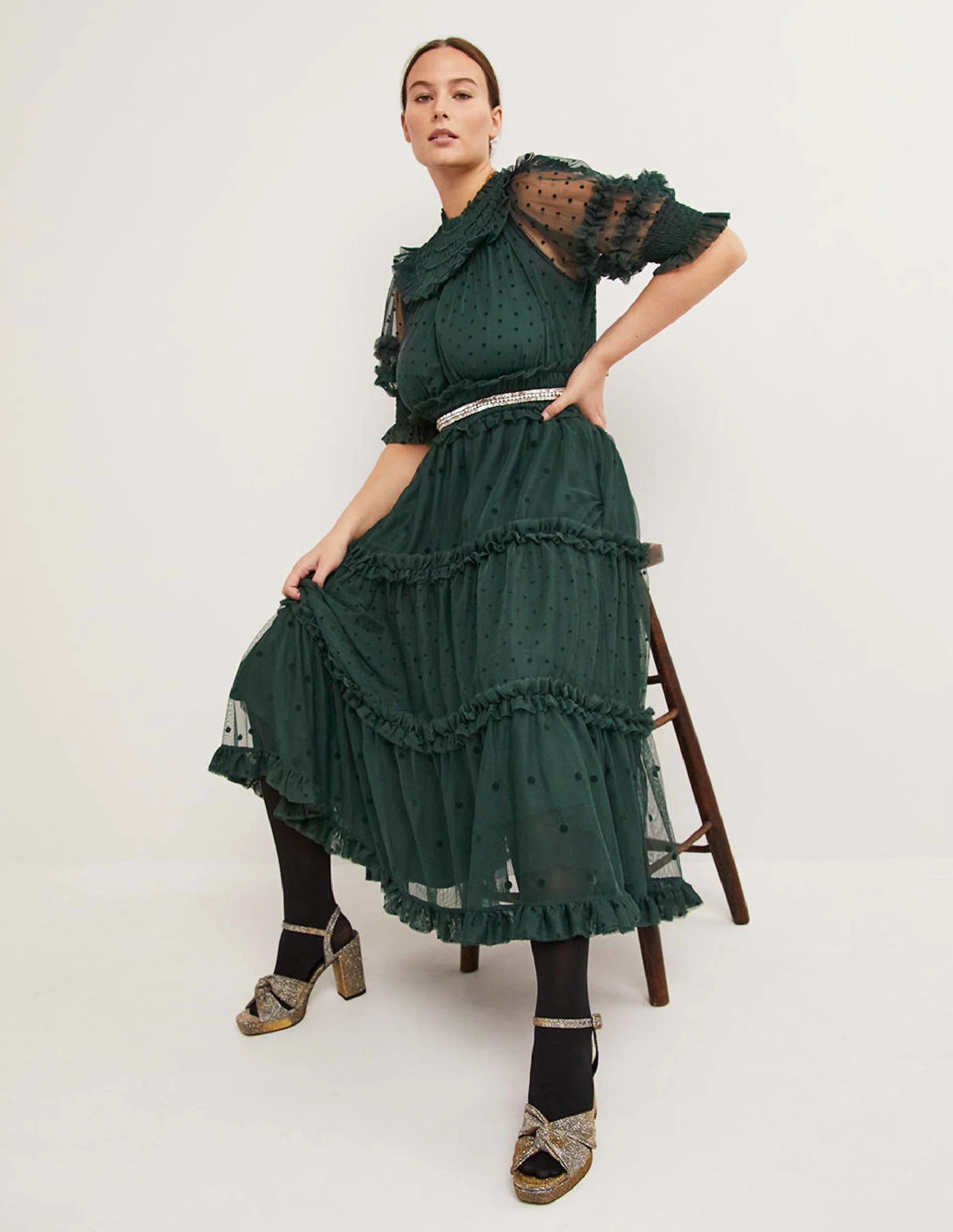 Green Polka Dot Tulle Midi Dress-Onyx Green - Image 4