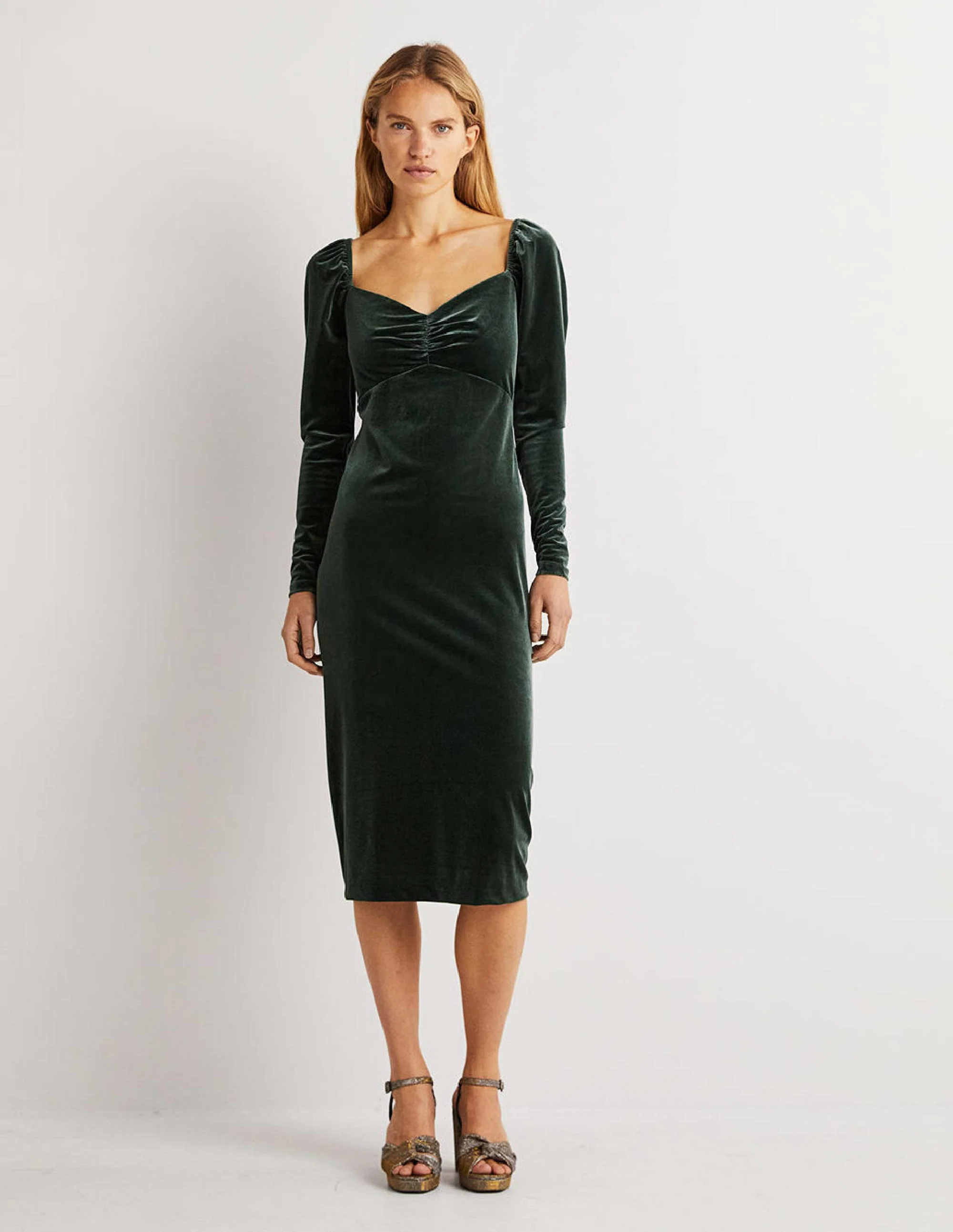Green Velvet Sweetheart Midi Dress-Onyx Green