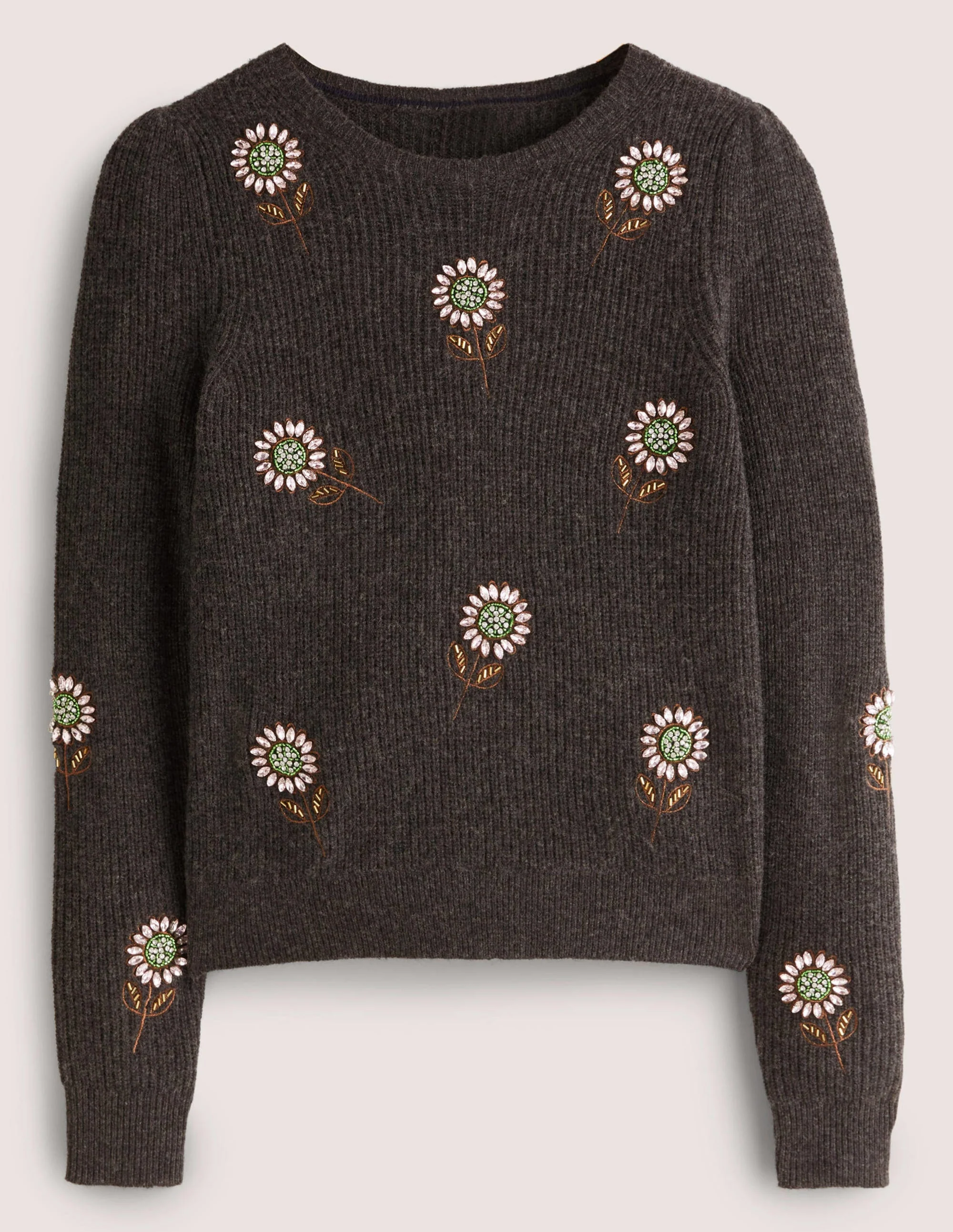 Grey Embellished Flower Ribbed Sweater-Charcoal, Embellished Flowers - Image 6