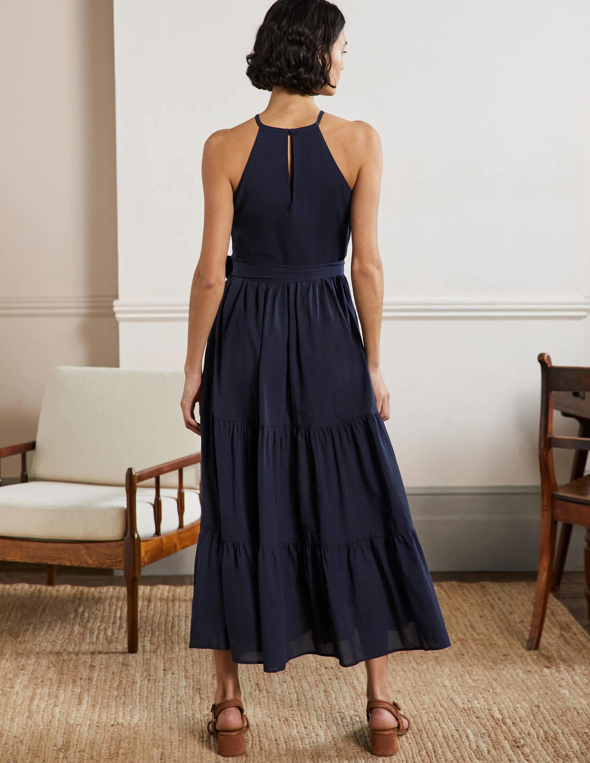 Halterneck Tiered Maxi Dress-Navy - Image 3