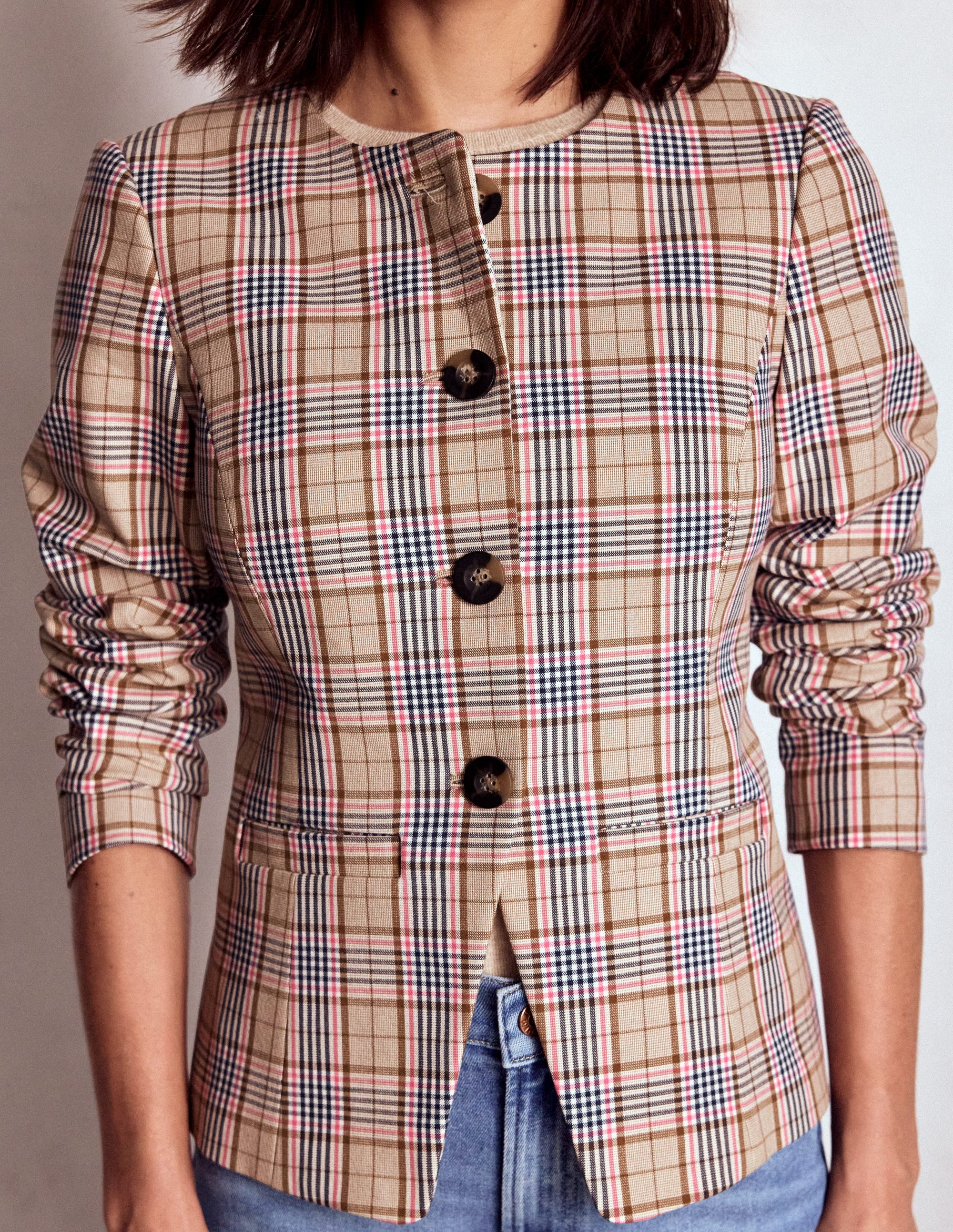 Hampstead Linen Blazer-Brown, Pink & Navy  Check - Image 2
