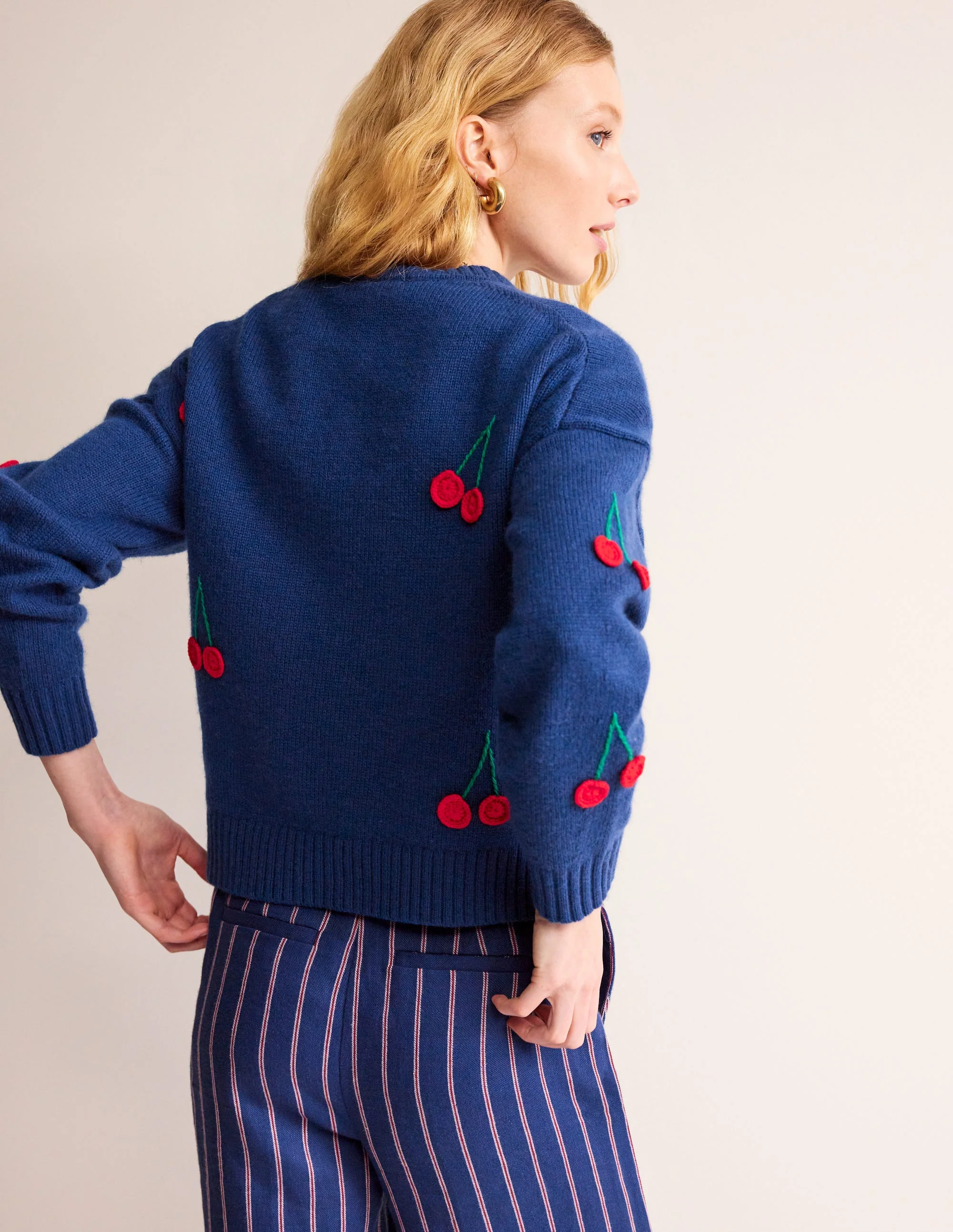 Hand Embroidered Sweater-Blue Decadence, Cherries - Image 3