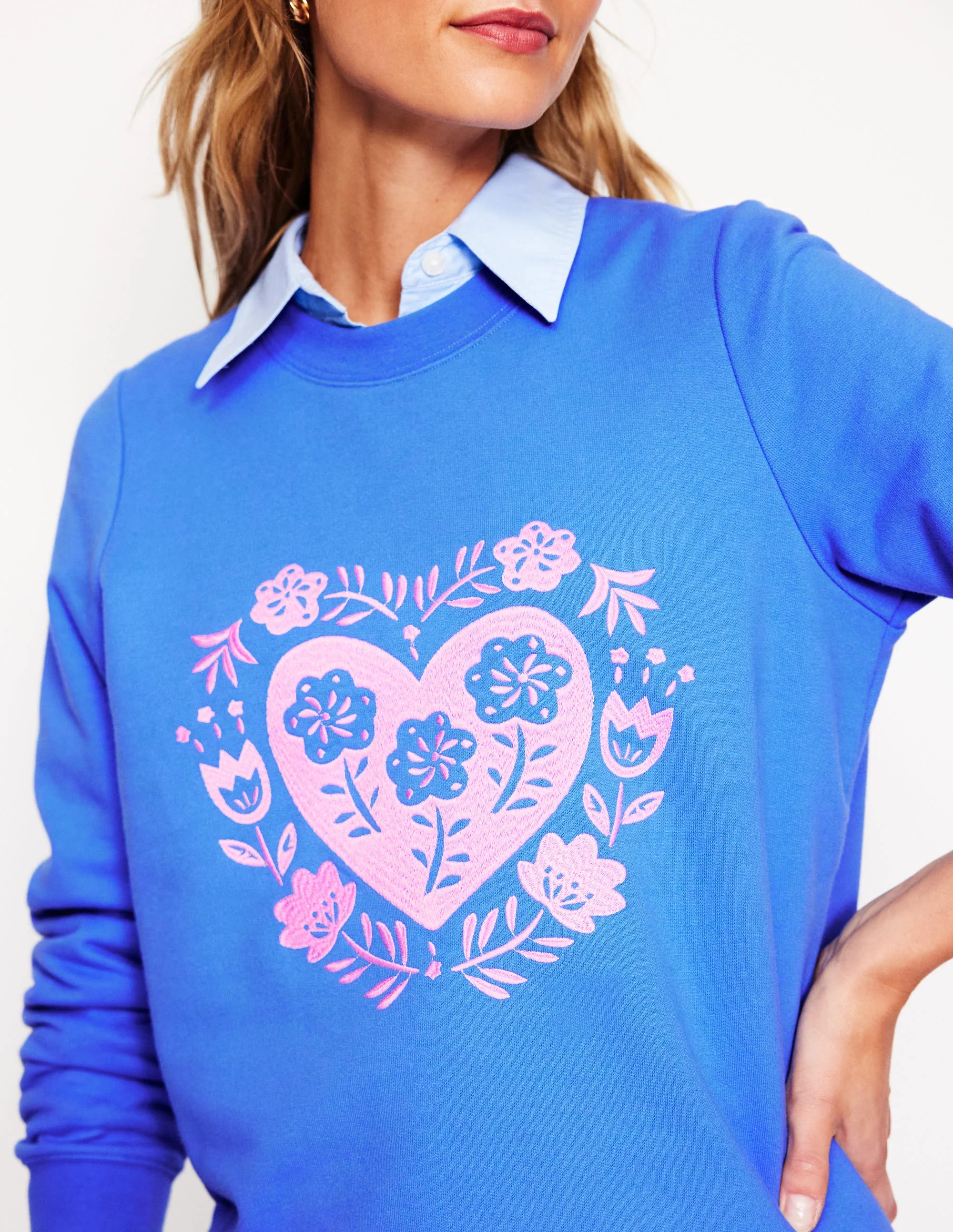 Hannah Embroidered Sweatshirt-Peacock Plume Blue, Hearts - Image 2