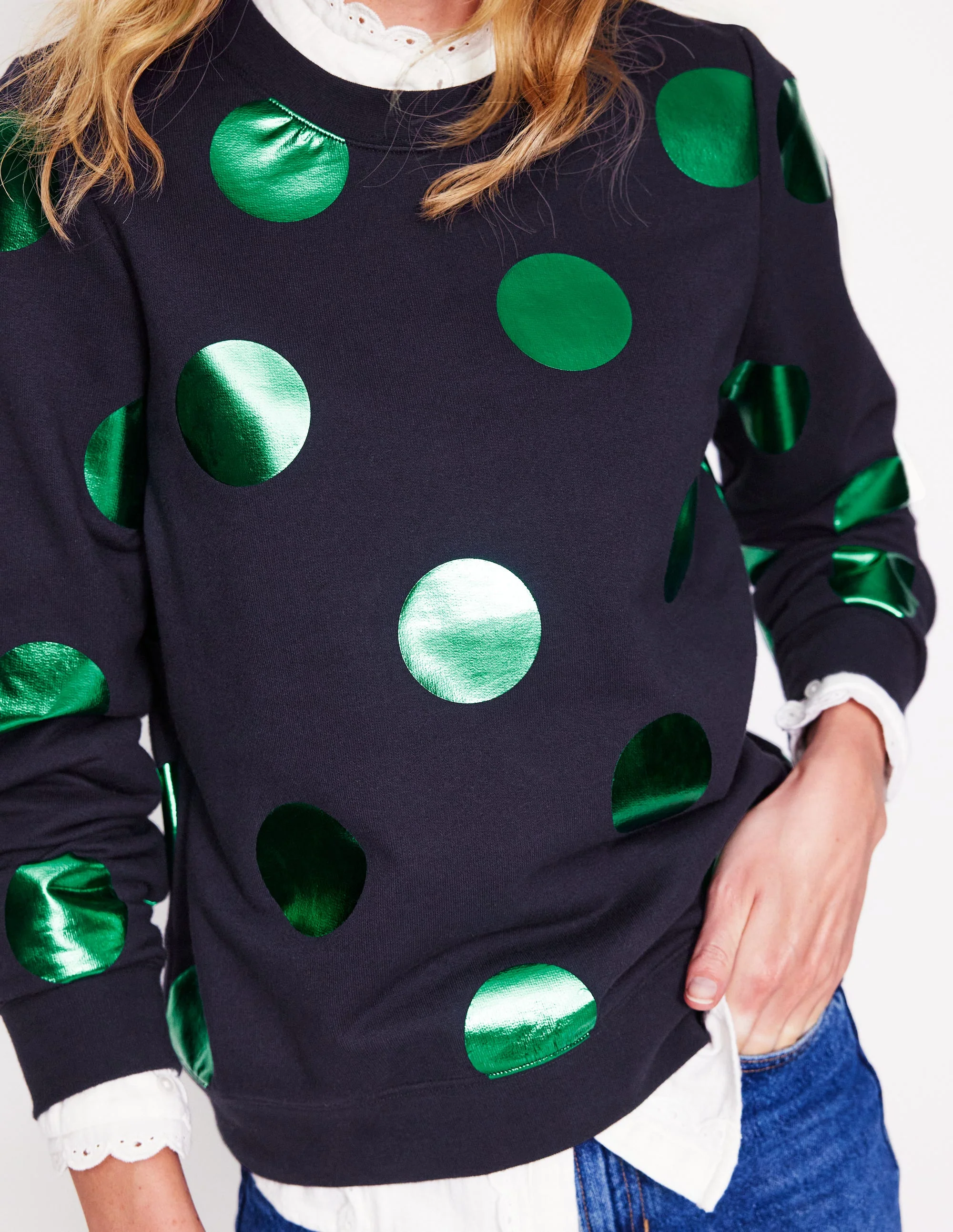 Hannah Printed Sweatshirt-Navy, Green Spot - Image 2