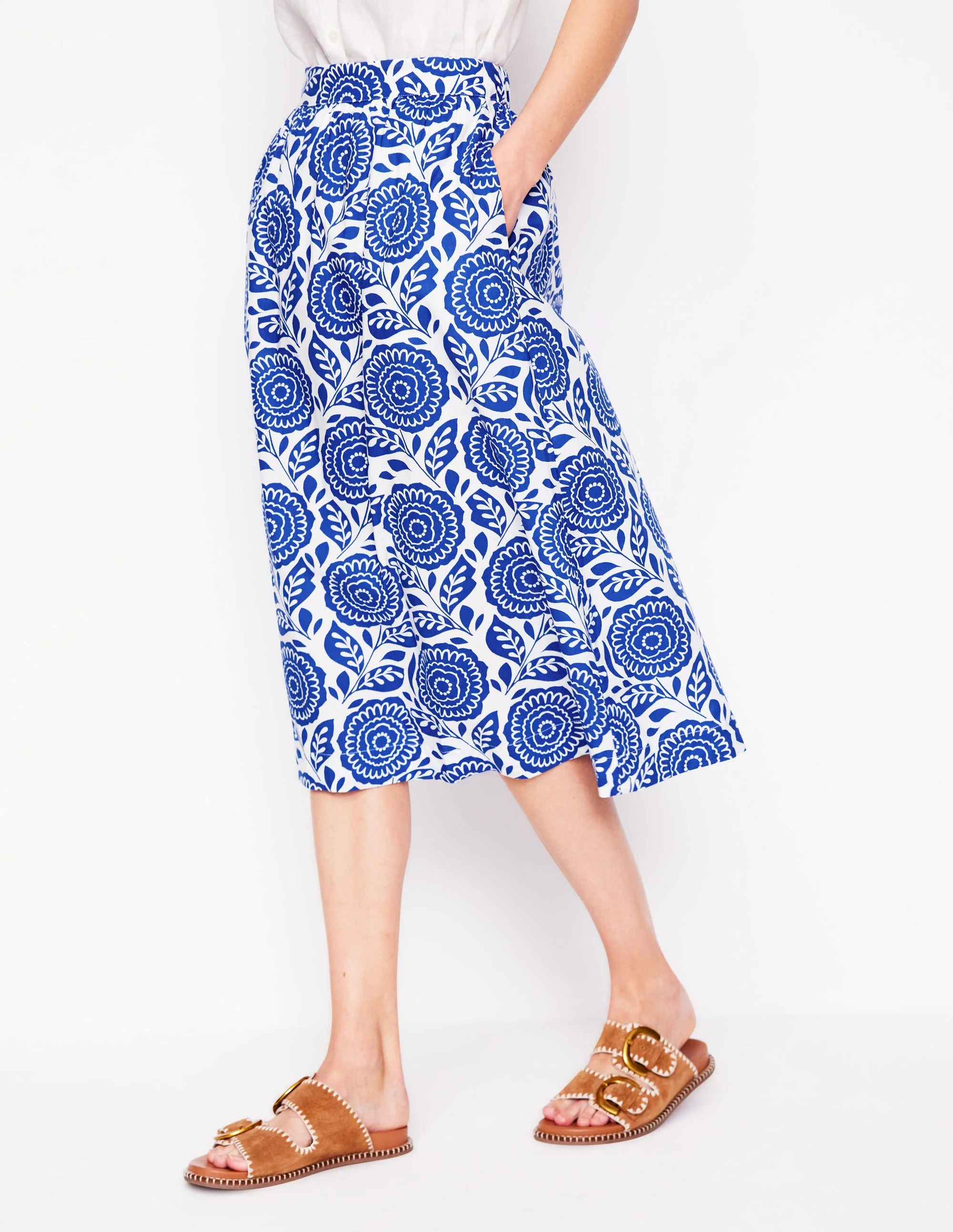 Hattie Poplin Midi Skirt-Bright Blue, Dahlia Stamp - Image 4