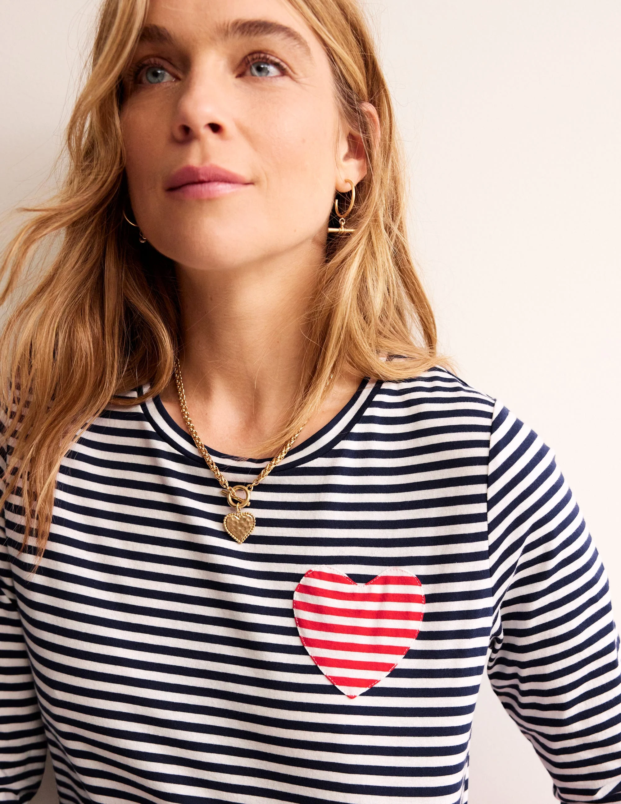 Heart Stripe Crew Neck Top-Navy, Ivory - Image 2