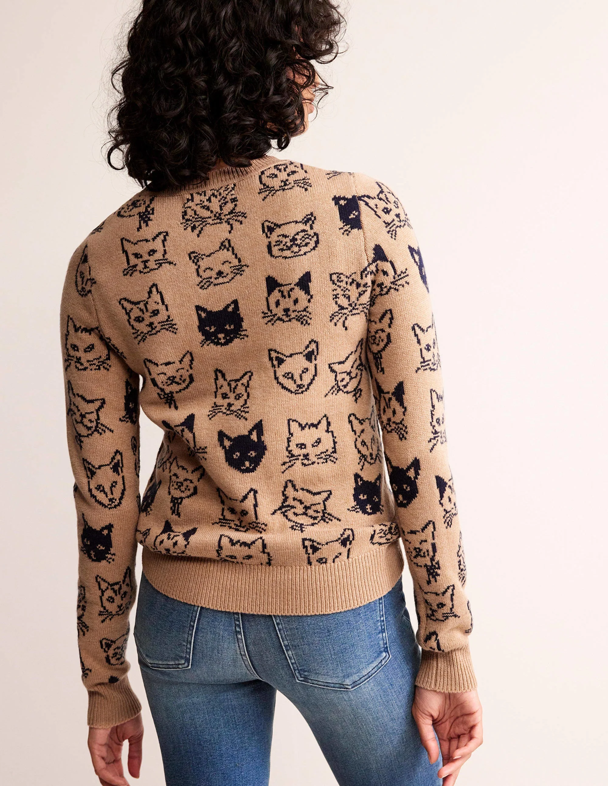 Heather Jacquard Sweater-Camel and Navy, Cats - Image 3
