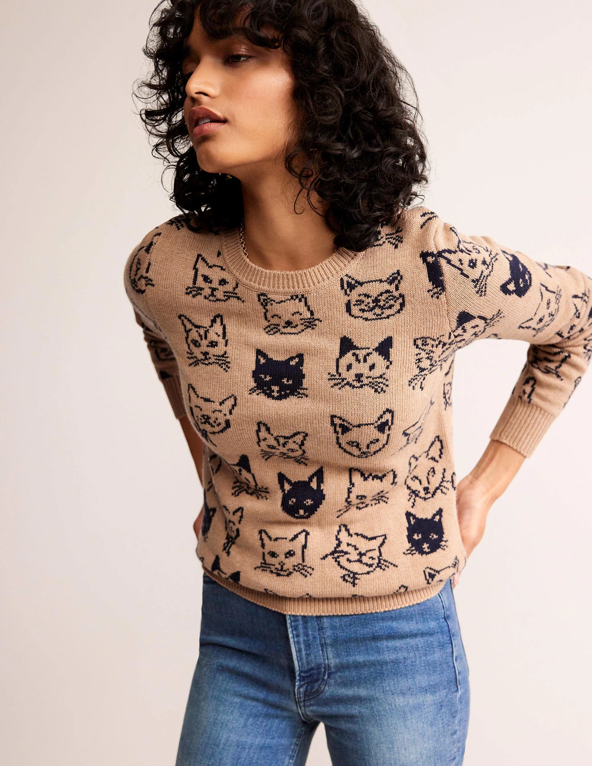 Heather Jacquard Sweater-Camel and Navy, Cats - Image 4
