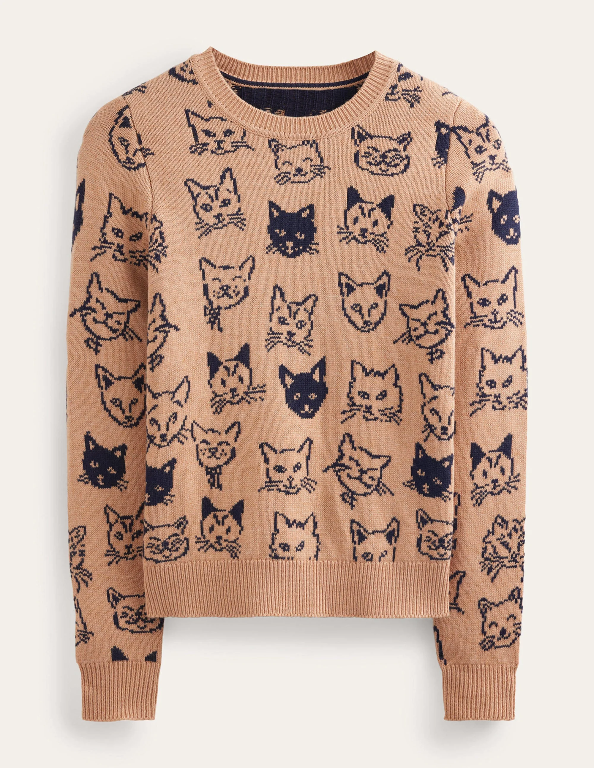 Heather Jacquard Sweater-Camel and Navy, Cats - Image 5