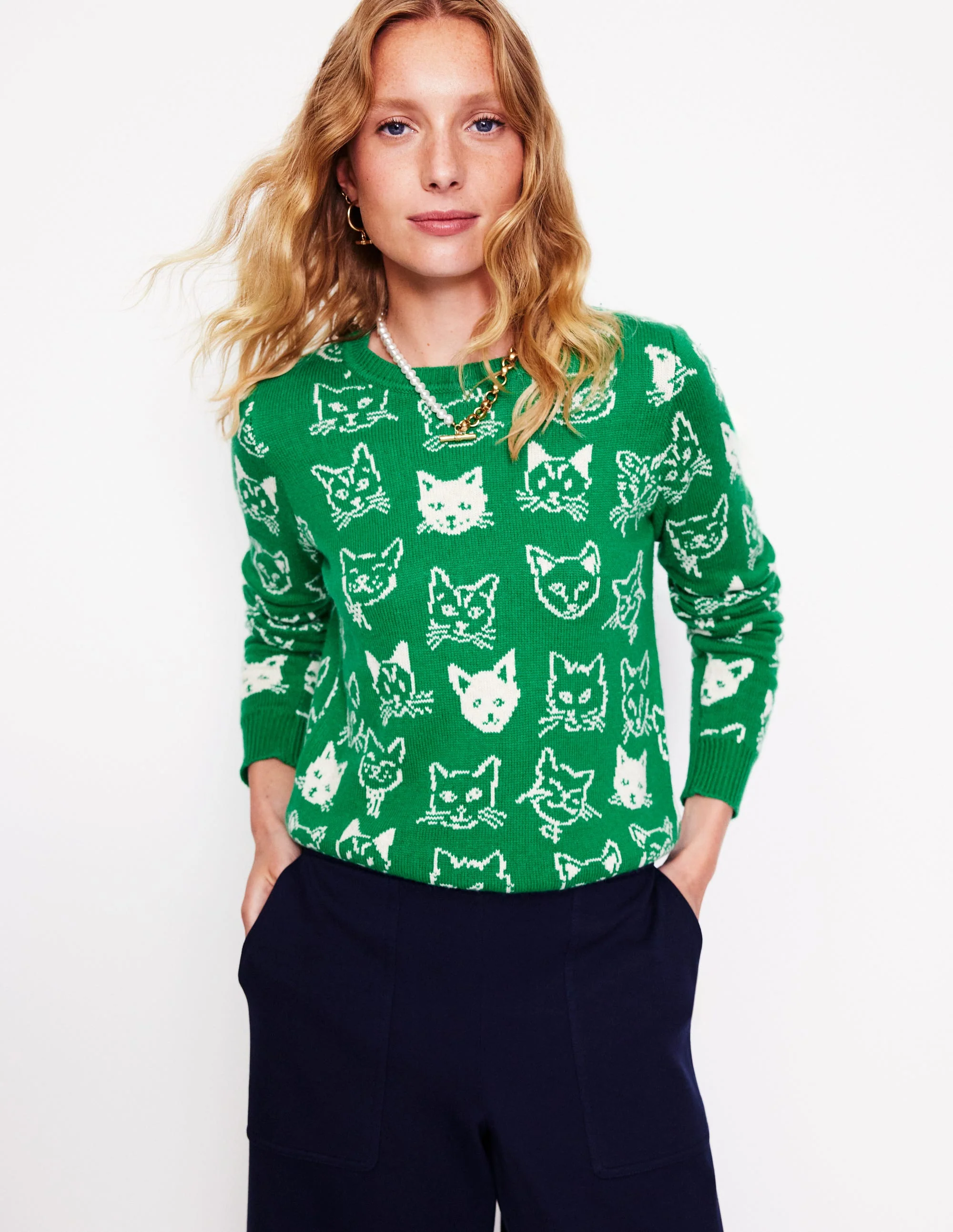 Heather Jacquard Sweater-Rich Emerald Green, Cats - Image 4