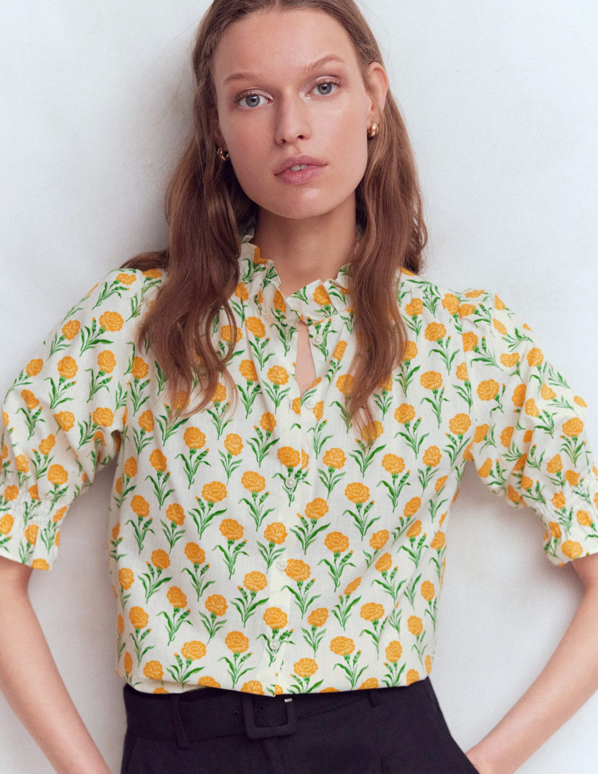 Heather Smocked Sleeve Top-Marigold, Carnation Stems - Image 4