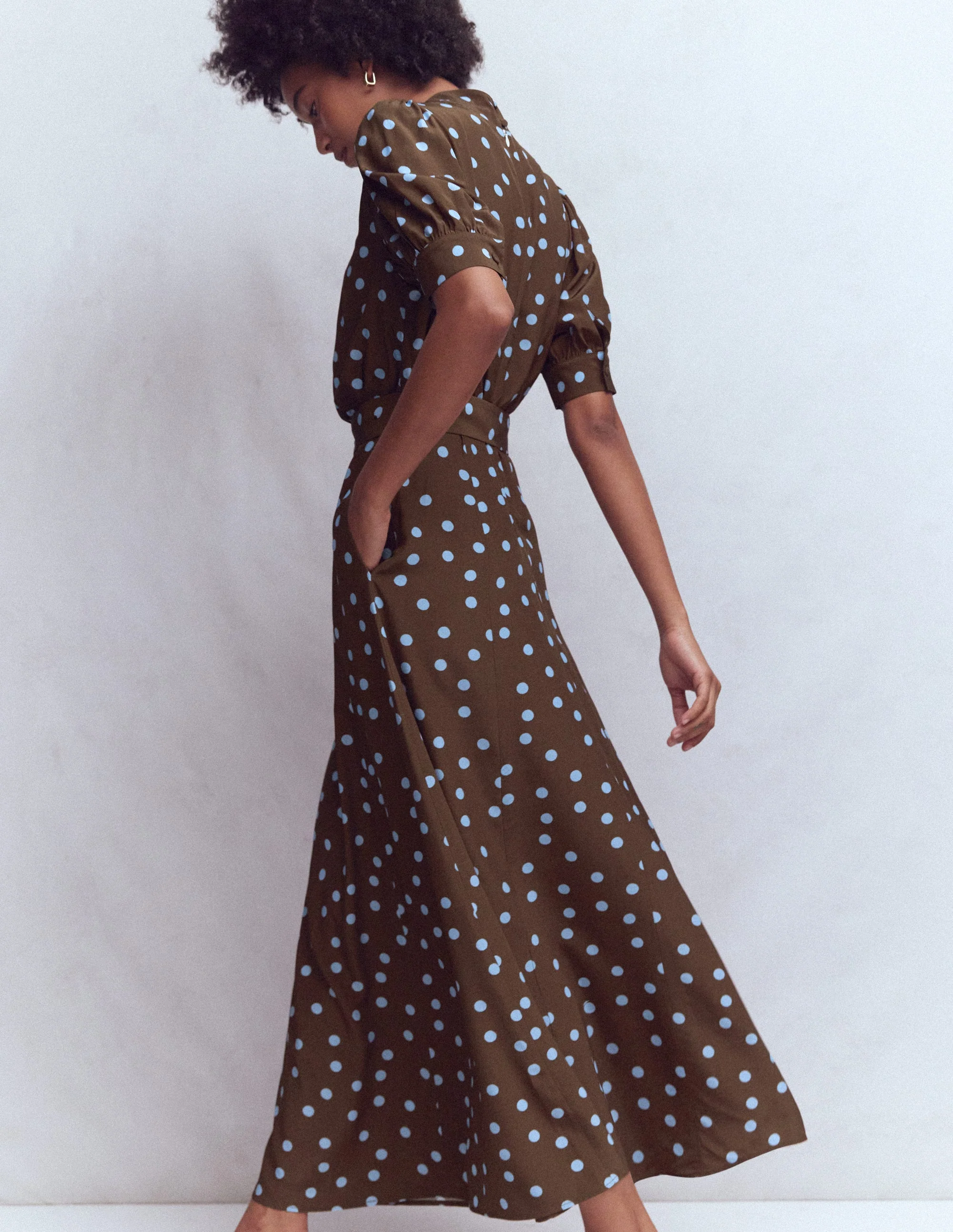High Neck Belted Dress-Raw Umber, Painted Dot - Image 5
