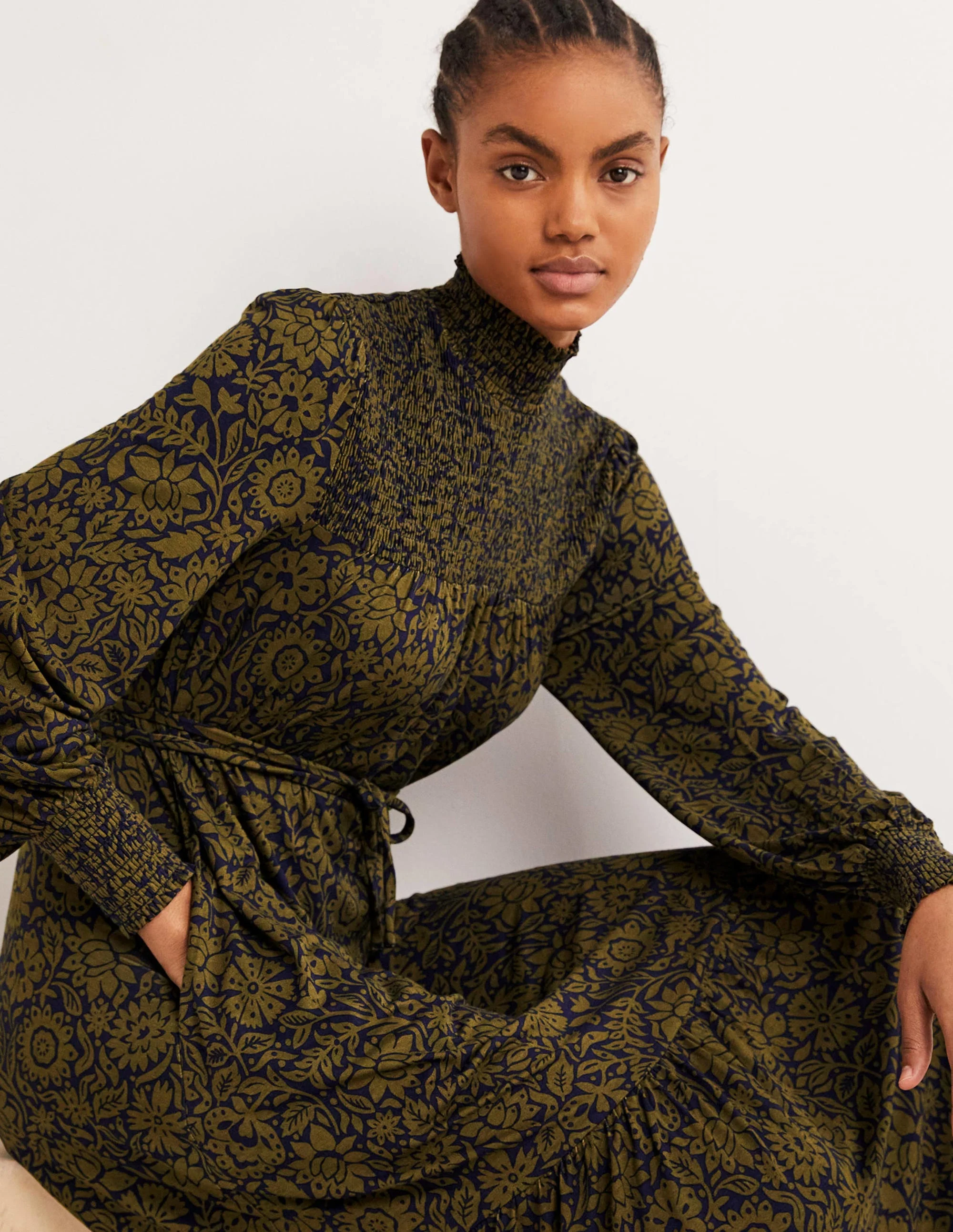 High Neck Jersey Maxi Dress-Basil, Foliage Bloom - Image 4