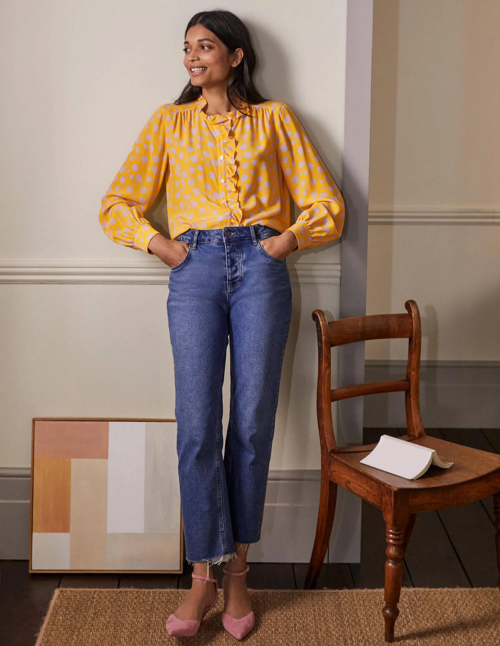 High Neck Ruffle Silk Blouse-Honey Gold, Leafy Bud - Image 4