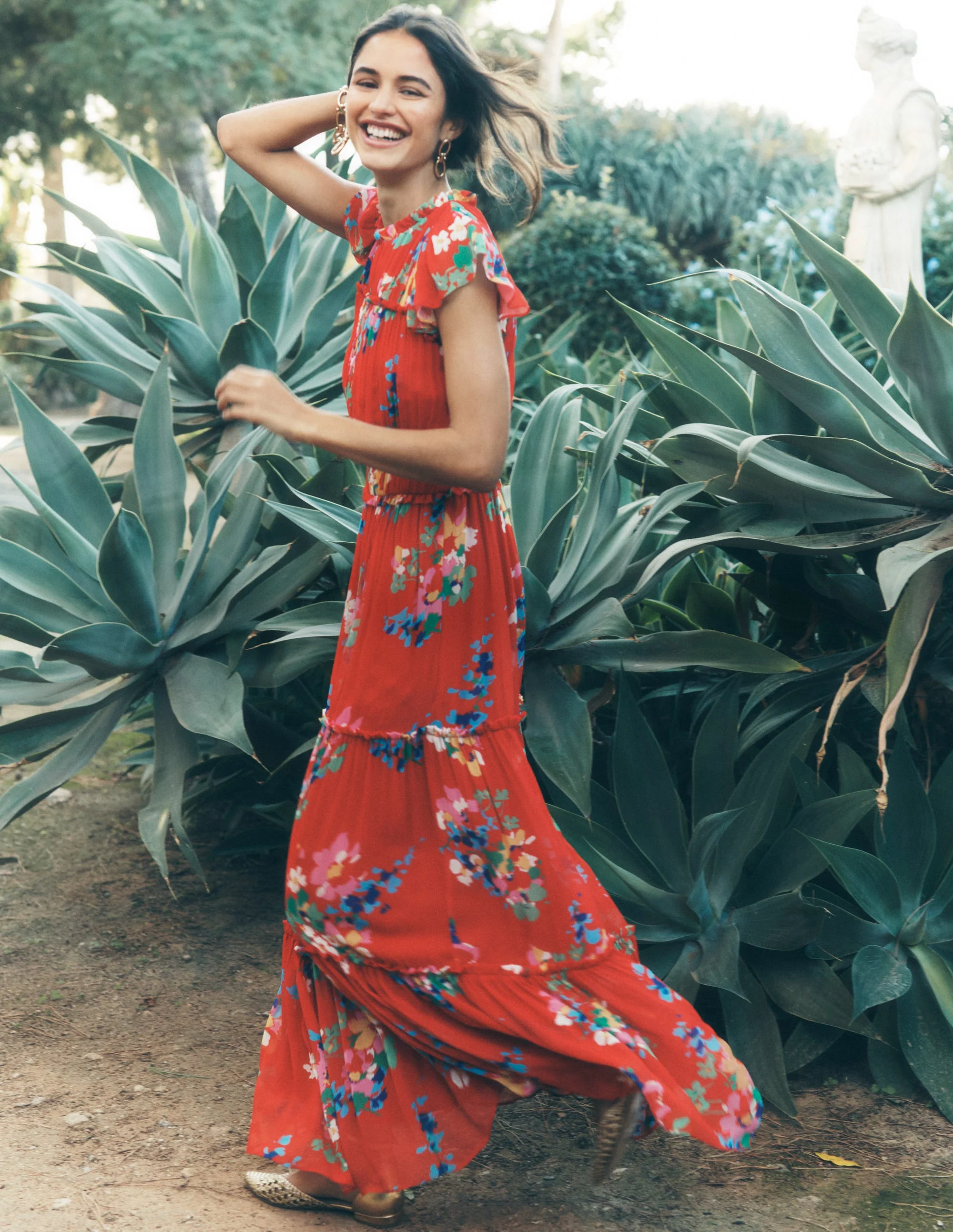 High Neck Sleeveless Dress-Rouge, Delicate Blooms - Image 5