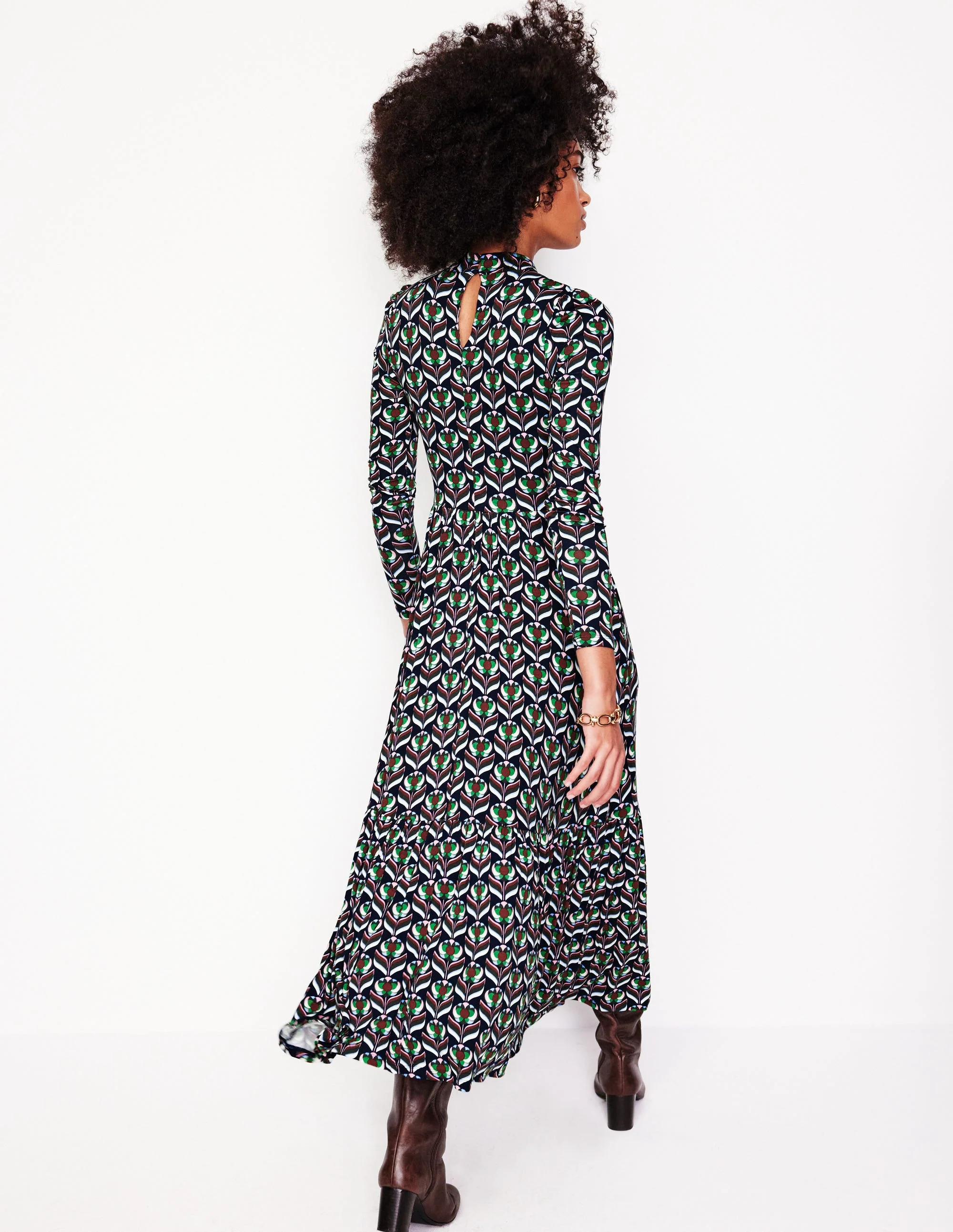 High Neck Tiered Jersey Dress-Navy, Blossom Stamp - Image 3
