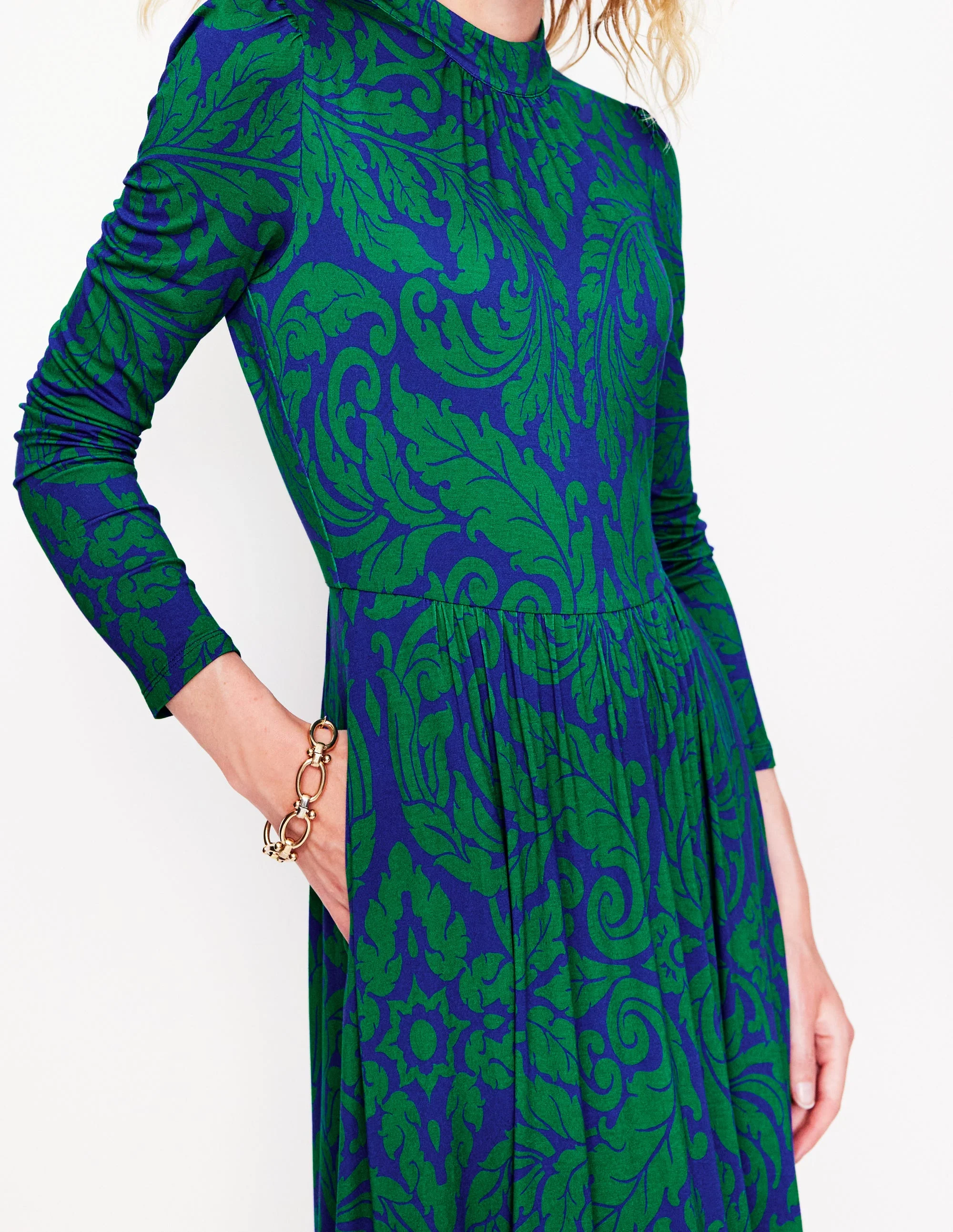 High Neck Tiered Jersey Dress-Rich Emerald, Elaborate Leaf - Image 2