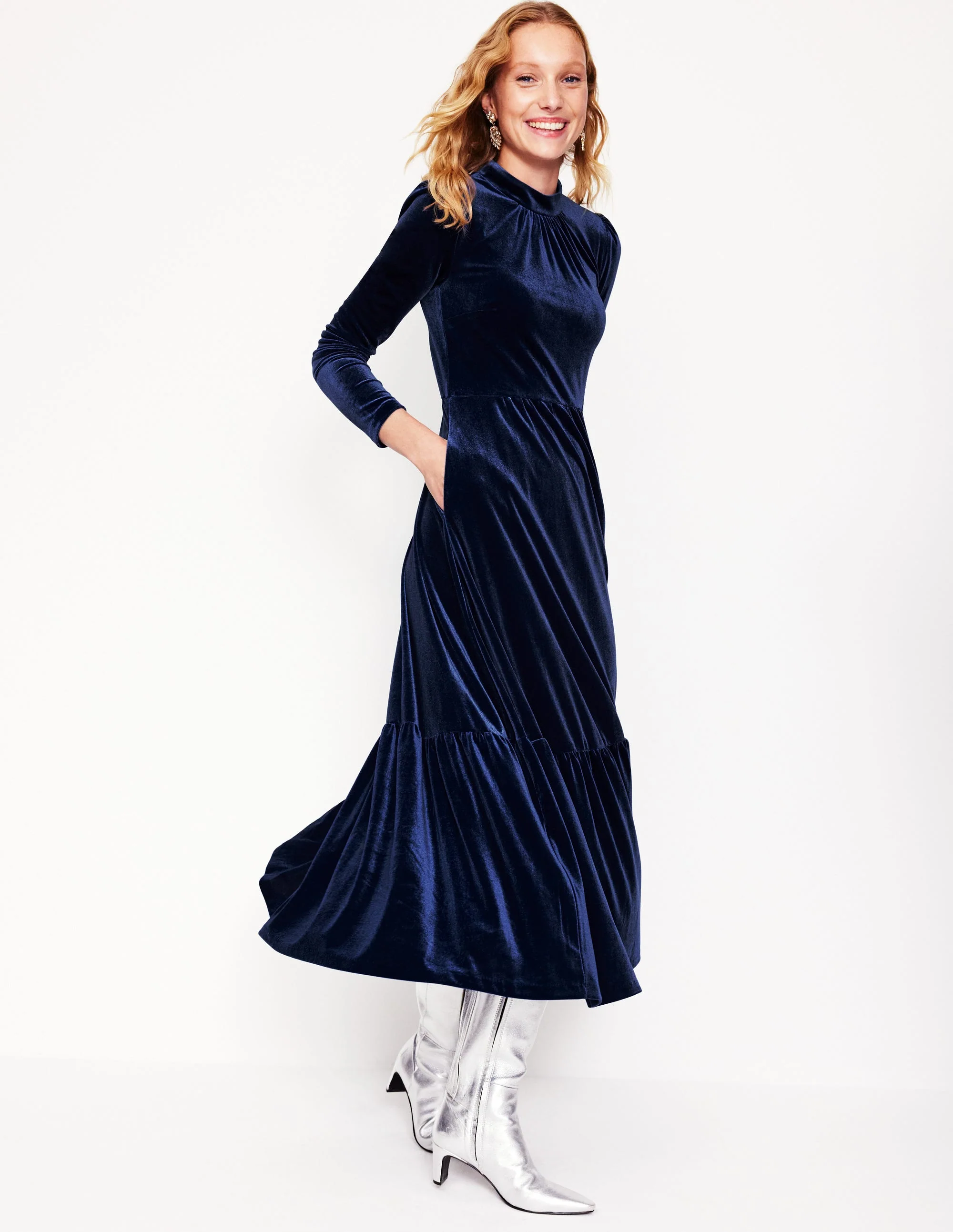 High Neck Tiered Velvet Dress-Night Blue - Image 4