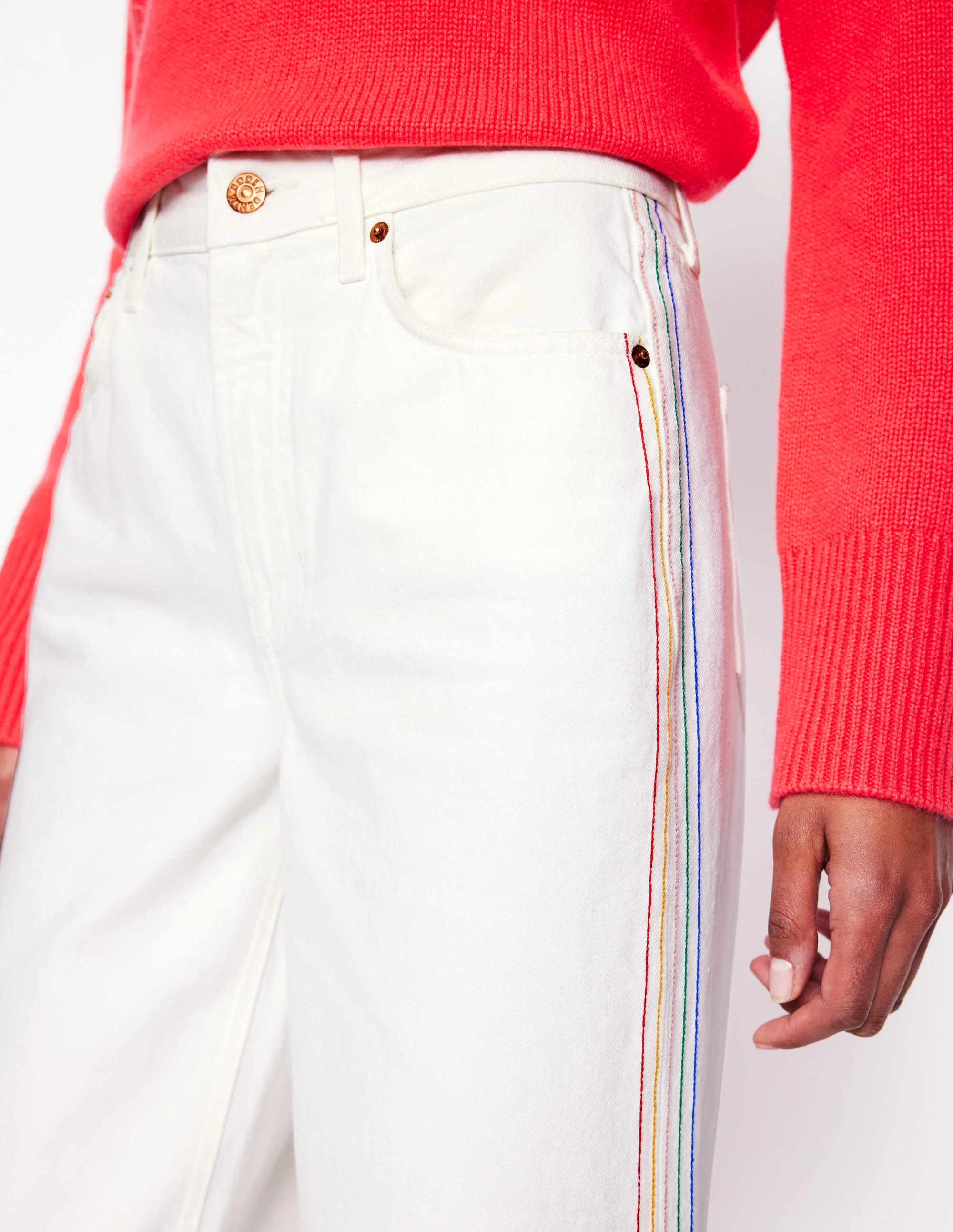 High Rise Straight Crop Jeans-Off White w/ Embroidery - Image 3