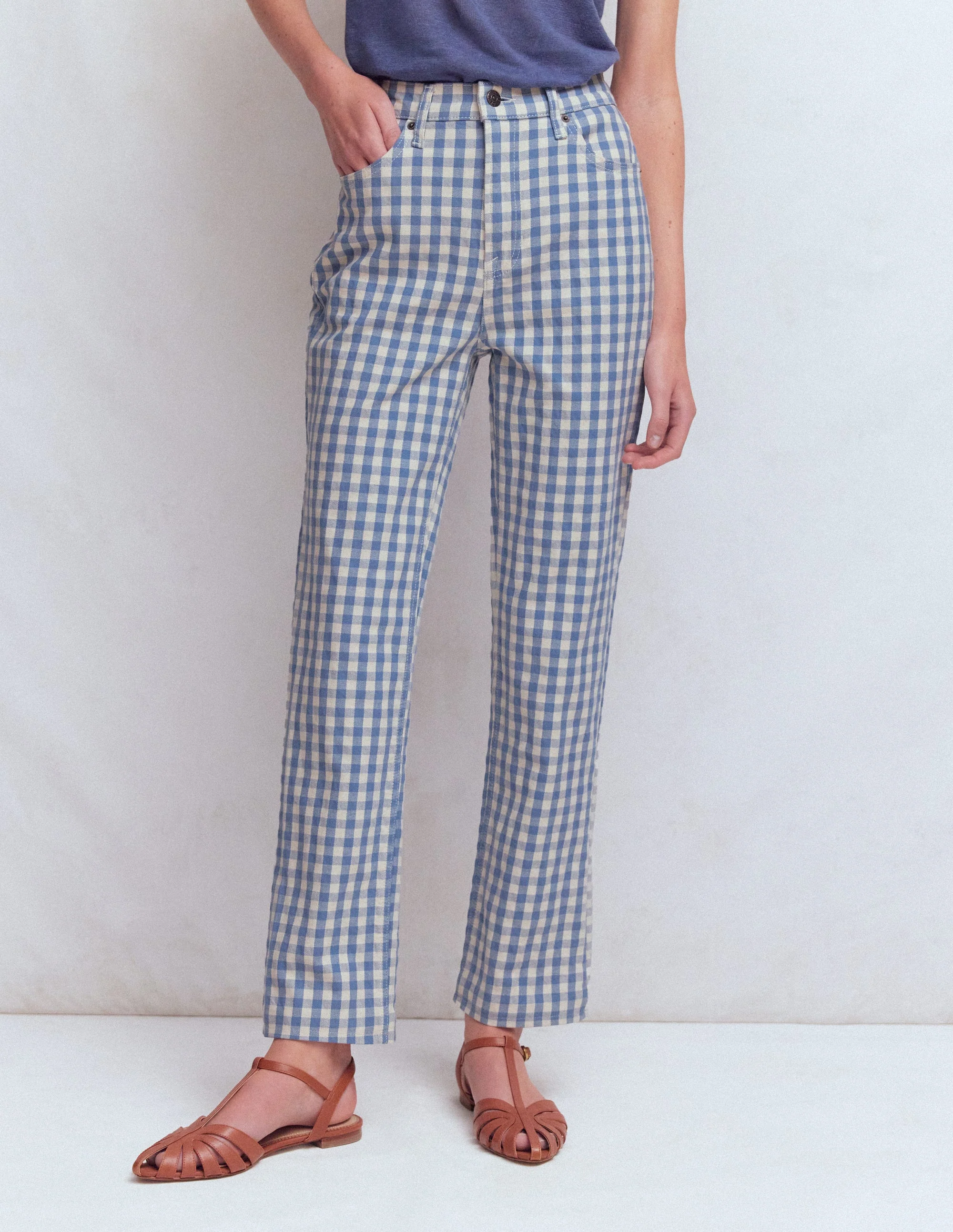 High Rise Straight Jeans-Blue Gingham - Image 4