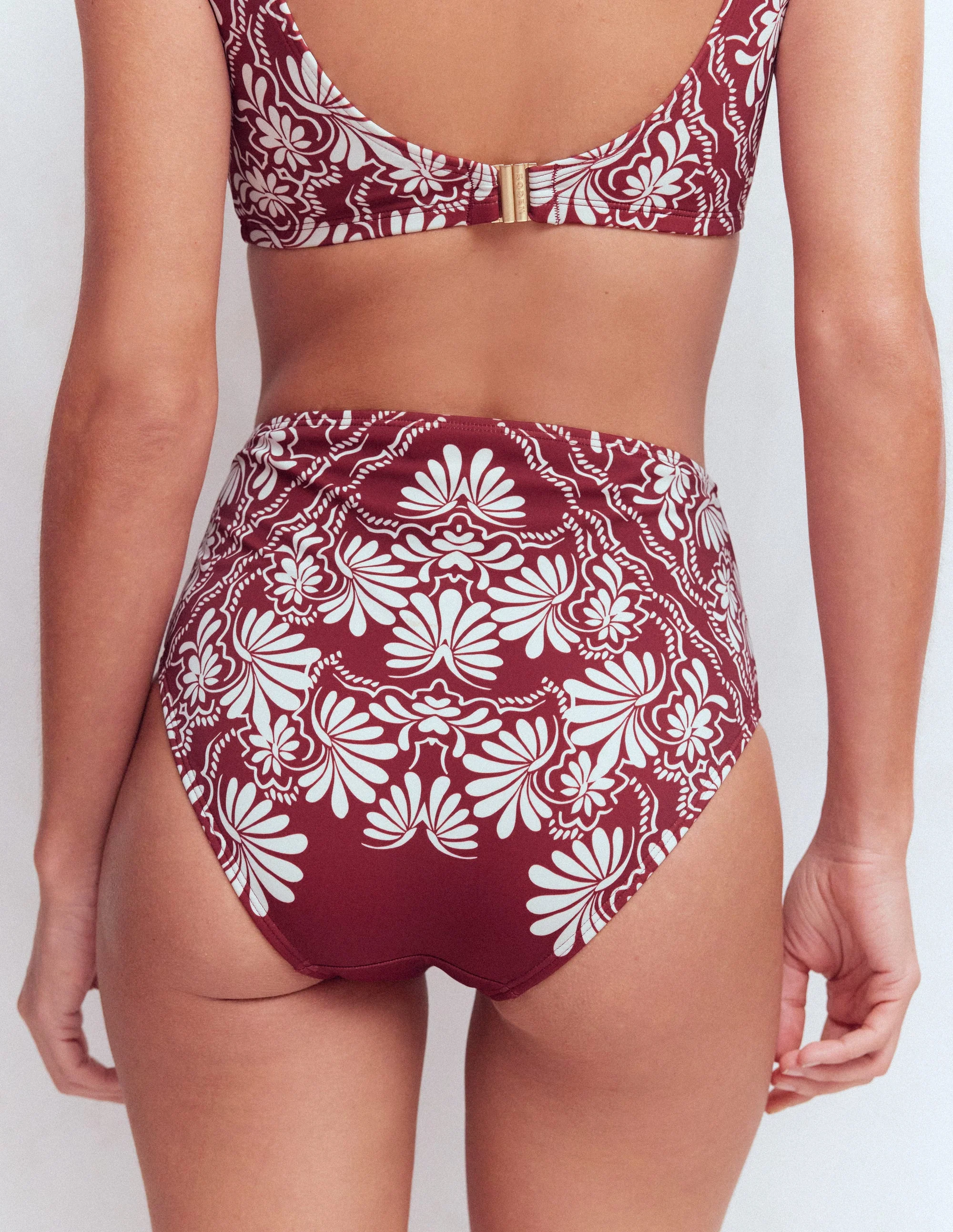 High Waisted Bikini Bottoms-Maroon, Botanical Charm - Image 3