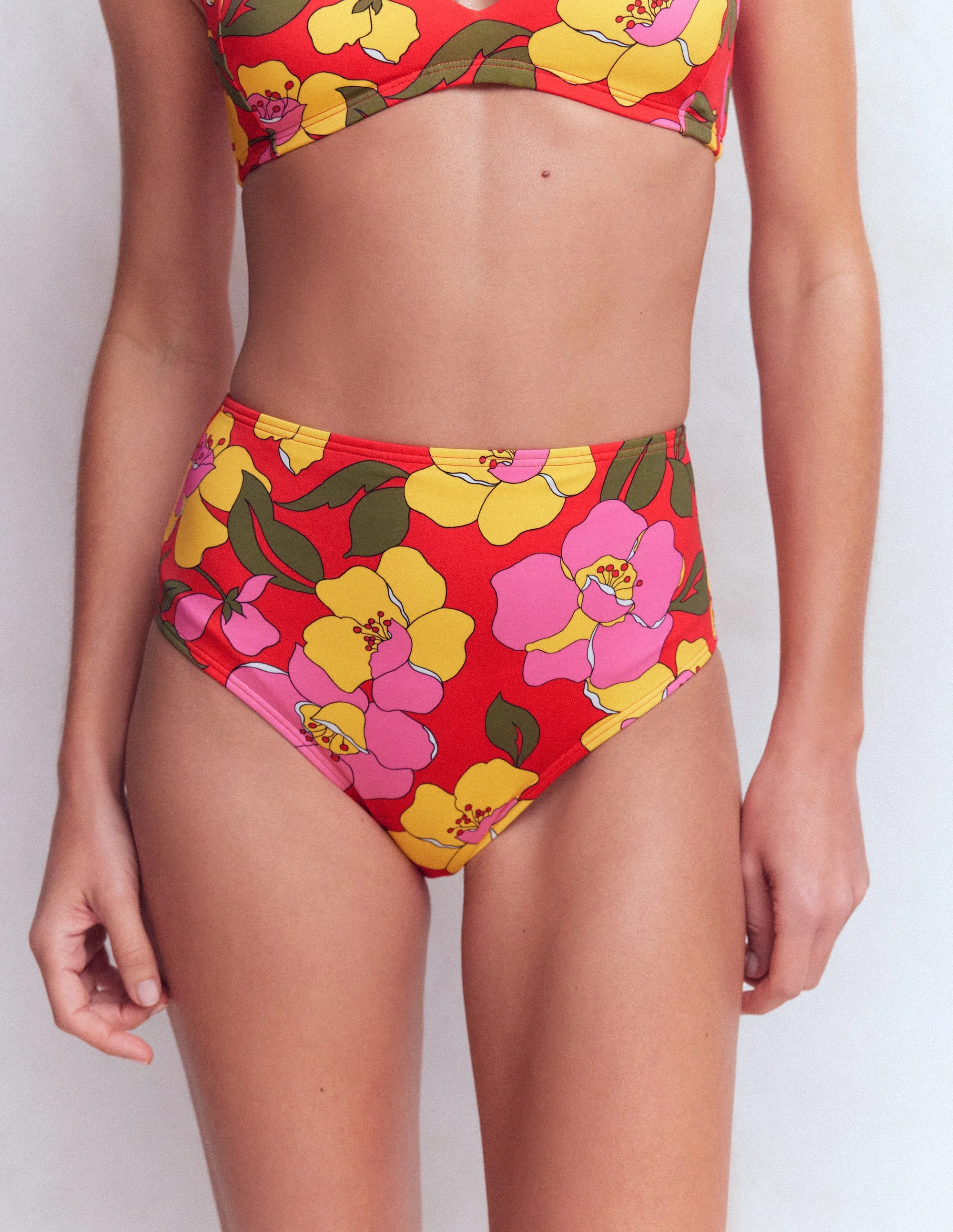High Waisted Bikini Bottoms-Red, Radiant Bloom - Image 5
