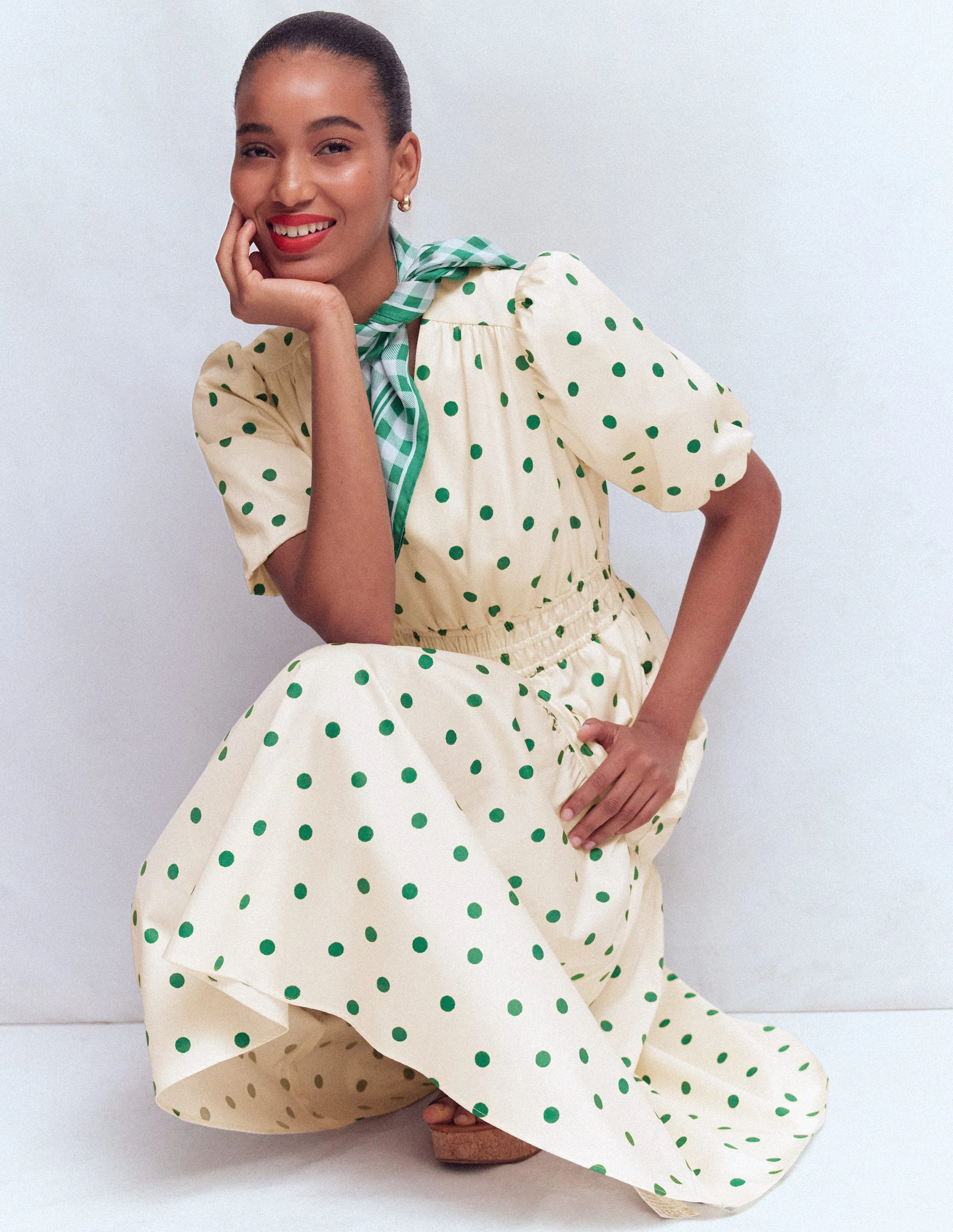 Irene Puff Sleeve Cotton Dress-Ivory Green Spot - Image 2