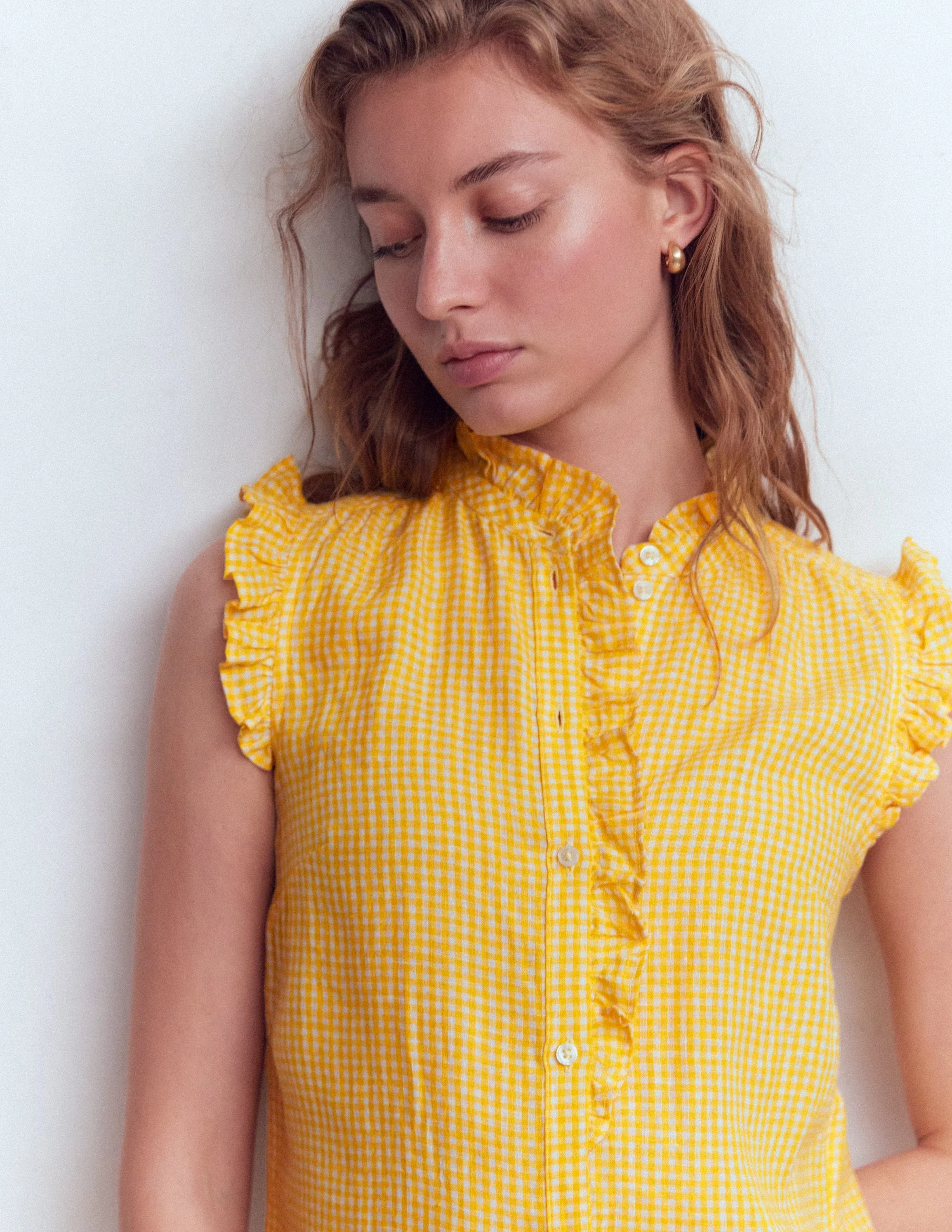 Isabel Sleeveless Linen Top-French Marigold Micro Gingham - Image 2