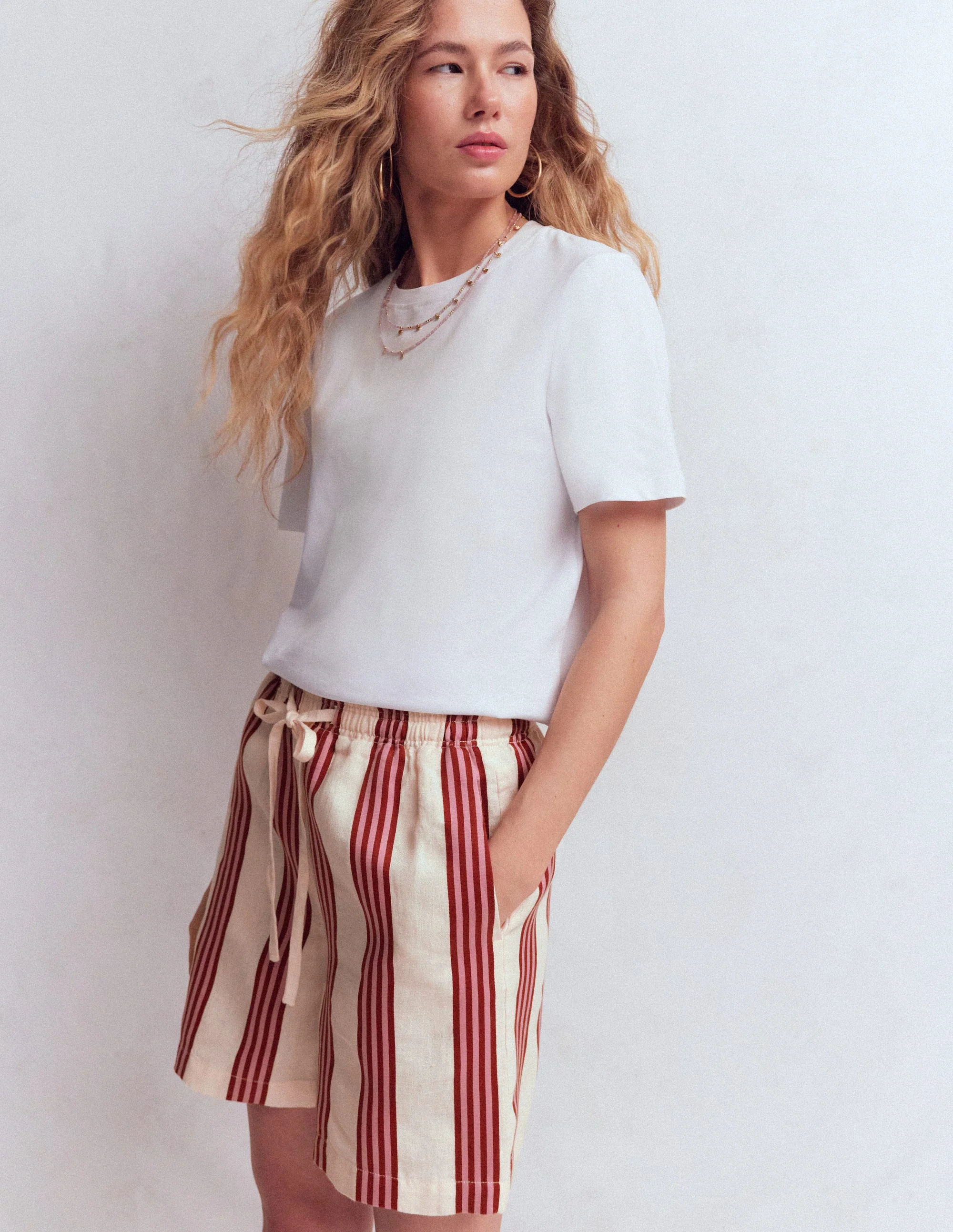Islington Linen Shorts-Ivory, Brown, Pink Stripe - Image 4
