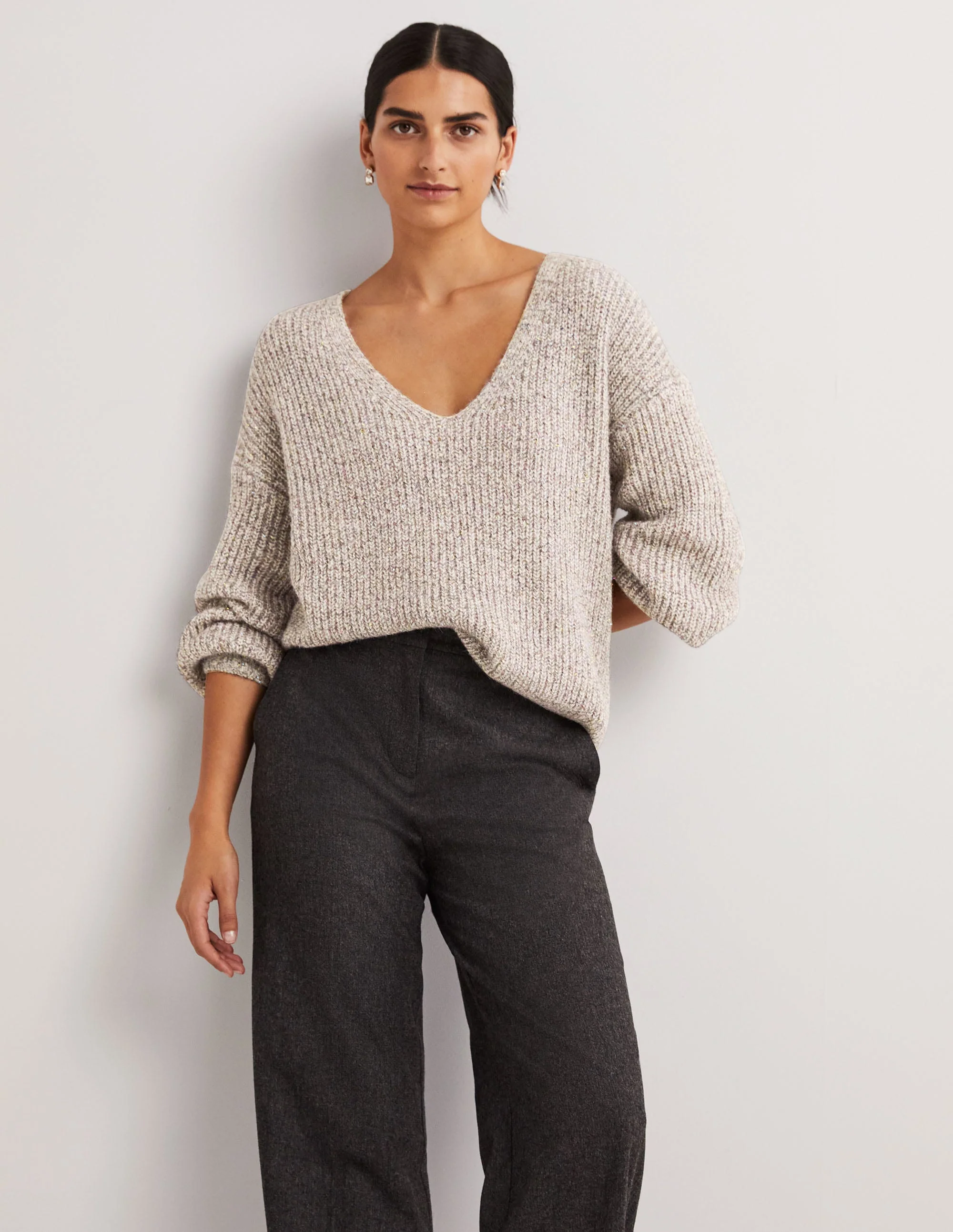 Ivory Sparkle Ribbed Fluffy V-Neck Sweater-Ivory Sparkle - Image 4