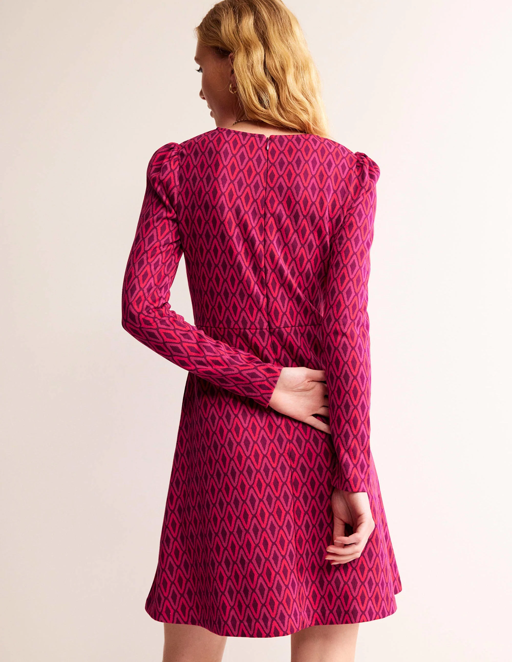 Jacquard A-Line Short Dress-Vibrant Pink, Azure Jacquard - Image 4