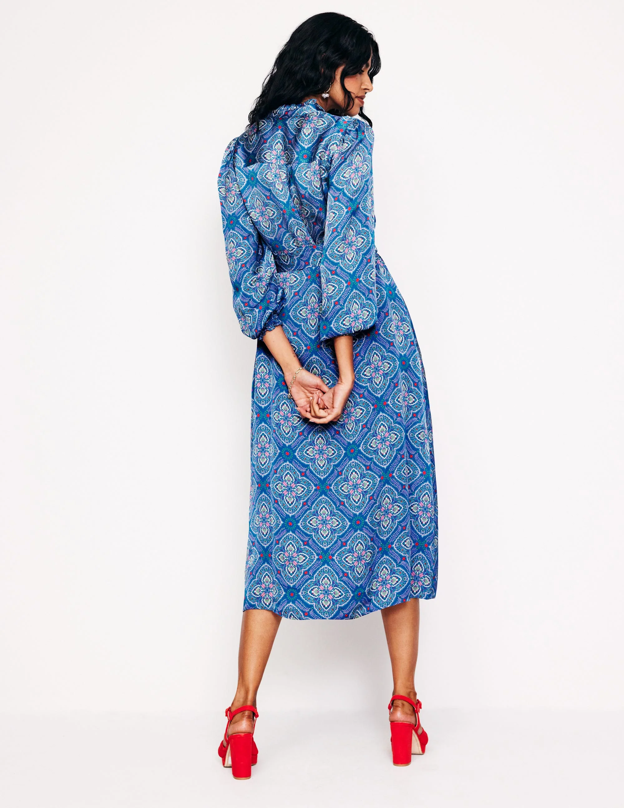 Jasmine Satin Midi Dress-Directoire Blue, Ornate Mosaic - Image 4