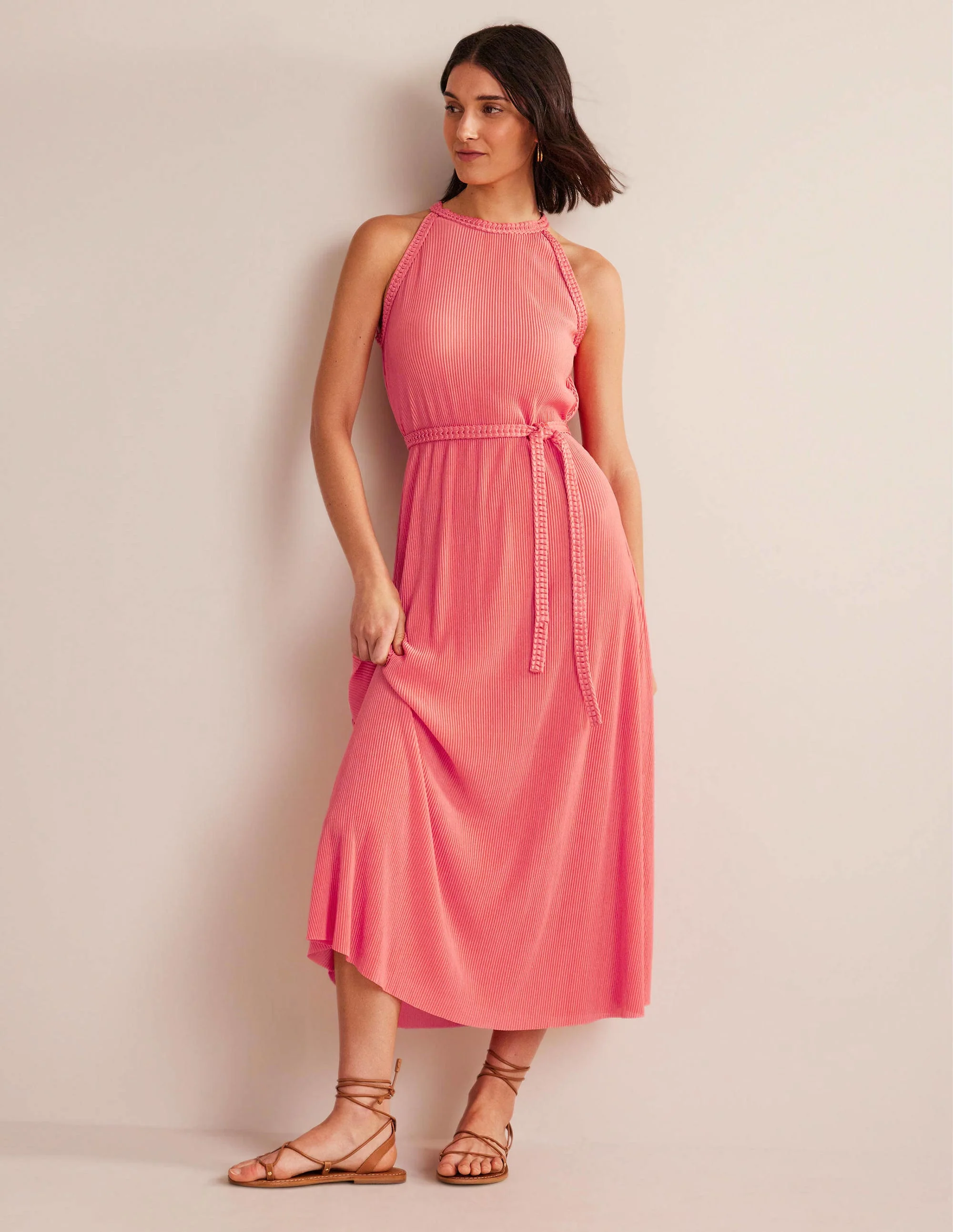 Jersey Plisse Maxi Dress-Coral Sunset