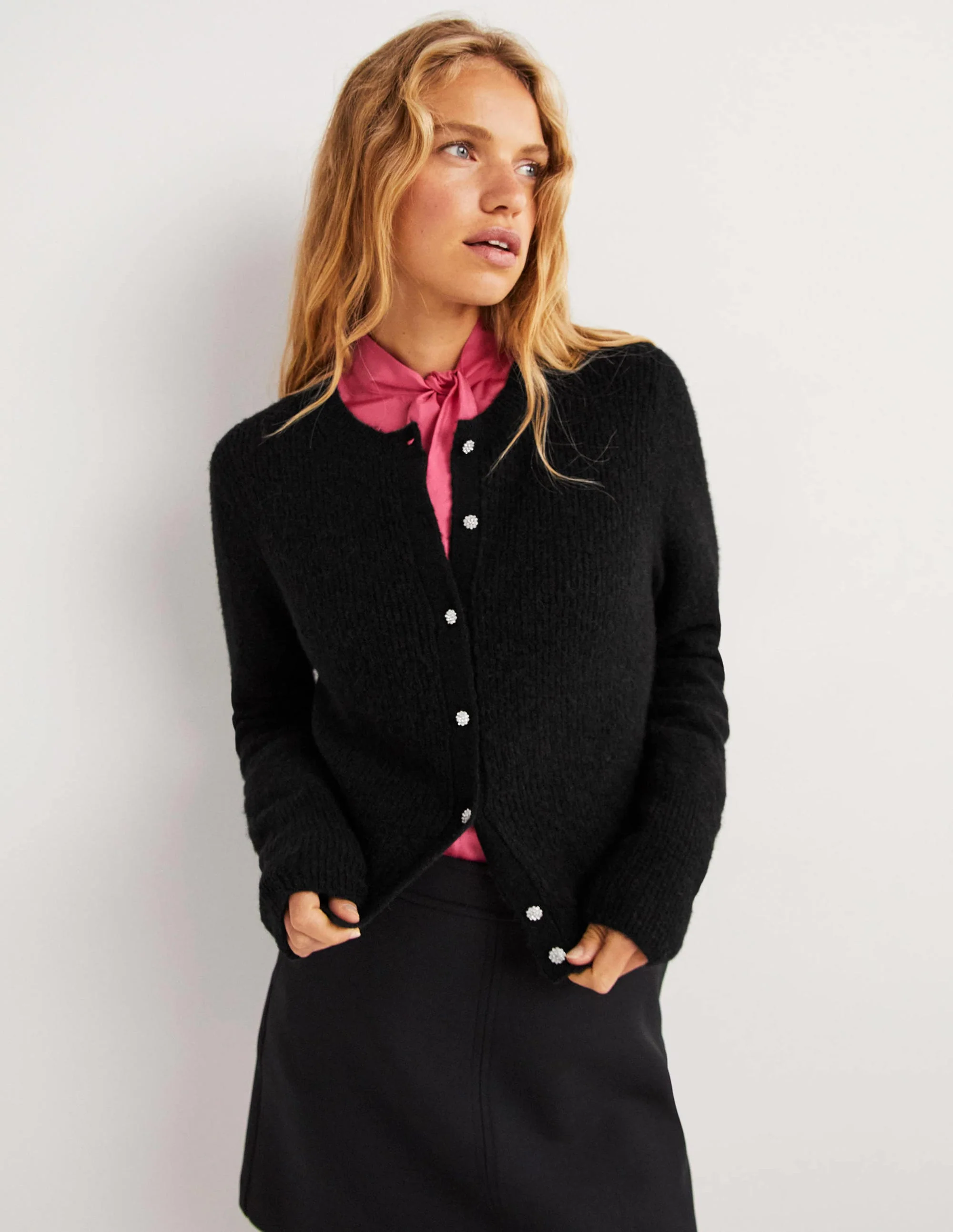 Jewel Button Fluffy Cardigan-Black - Image 5