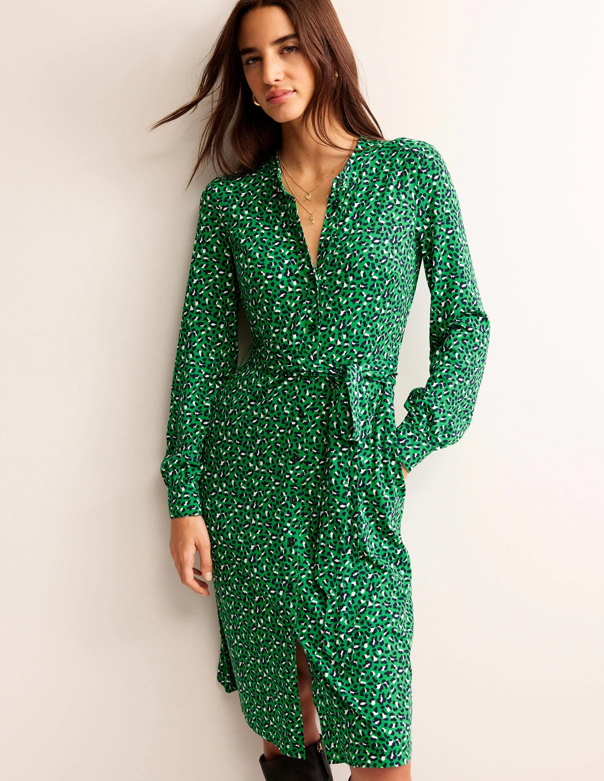 Julia Jersey Shirt Dress-Green Tambourine, Animal Print - Image 4