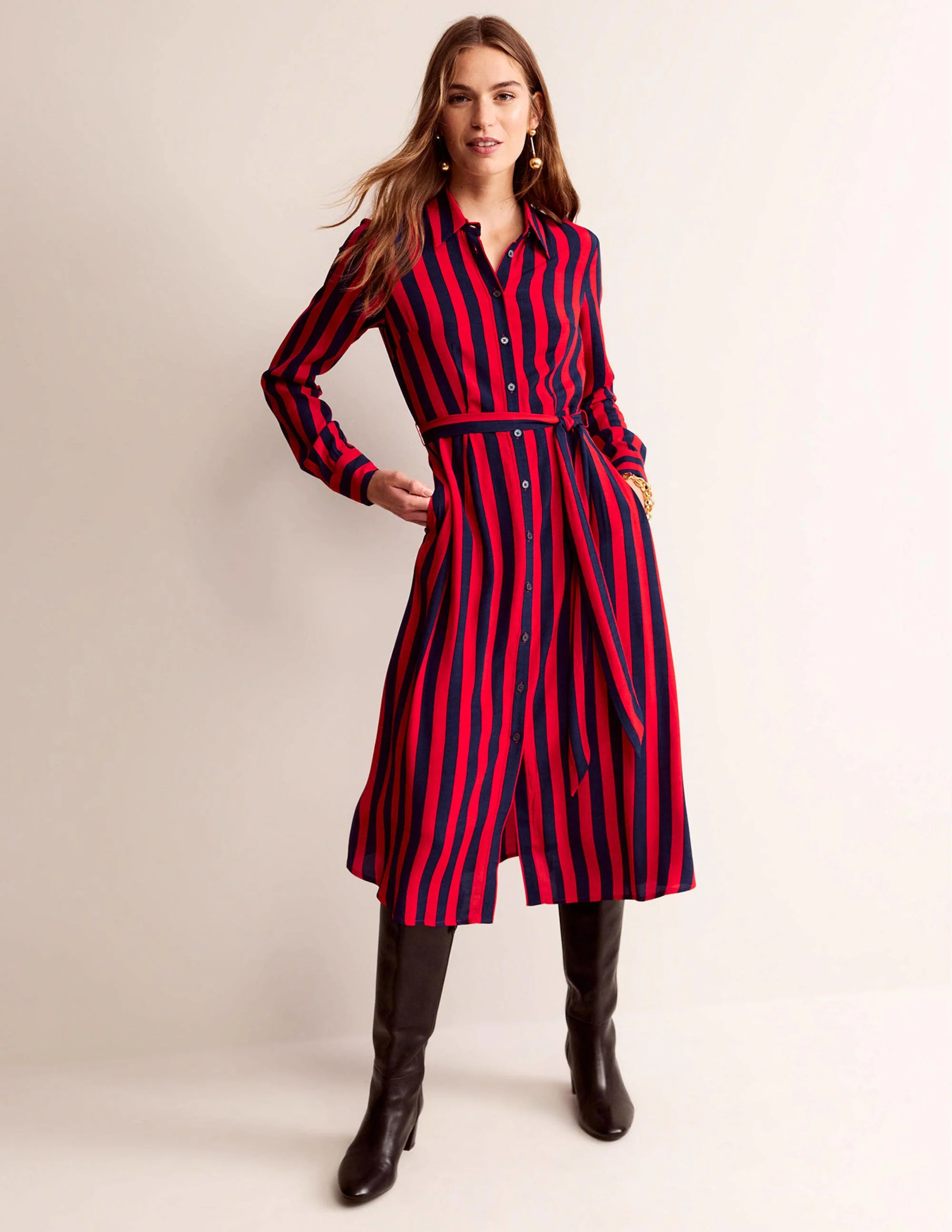 Kate Midi Shirt Dress-Brilliant Red, Brilliant Navy - Image 2