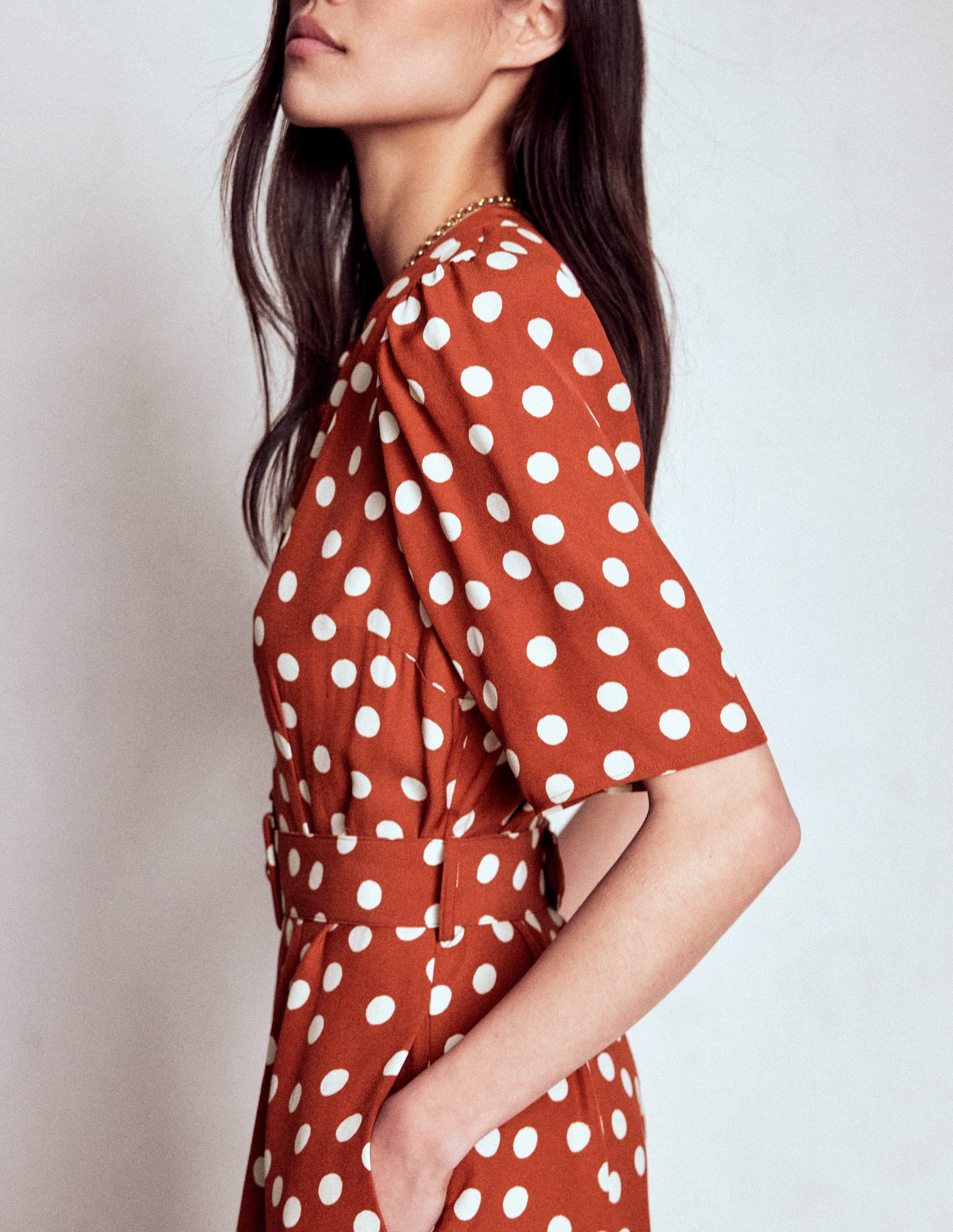 Kate Puff Sleeve Belted Dress-Roasted Chestnut, Painted Dot - Image 2