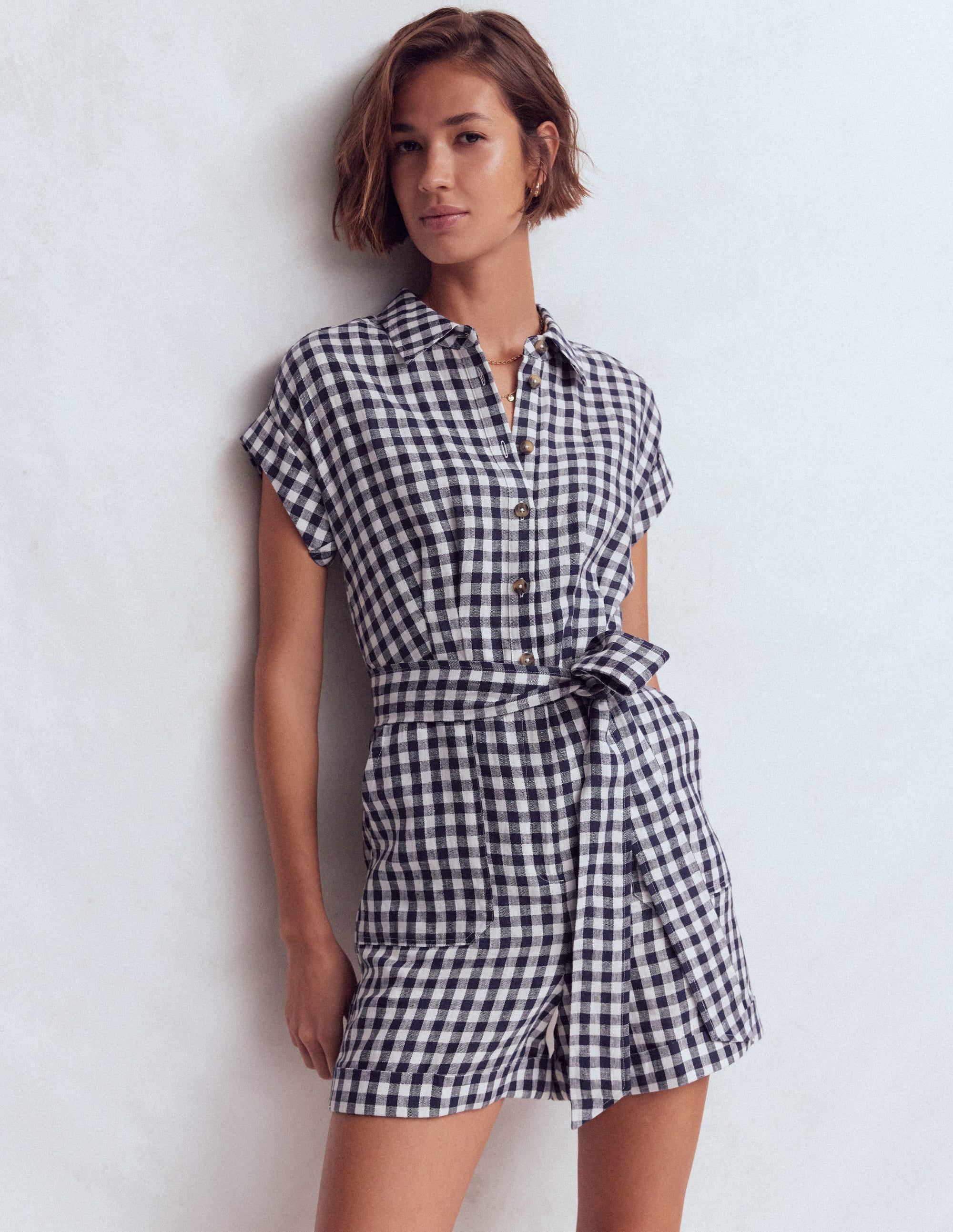 Kay Linen Playsuit-Navy, Ivory Gingham - Image 5