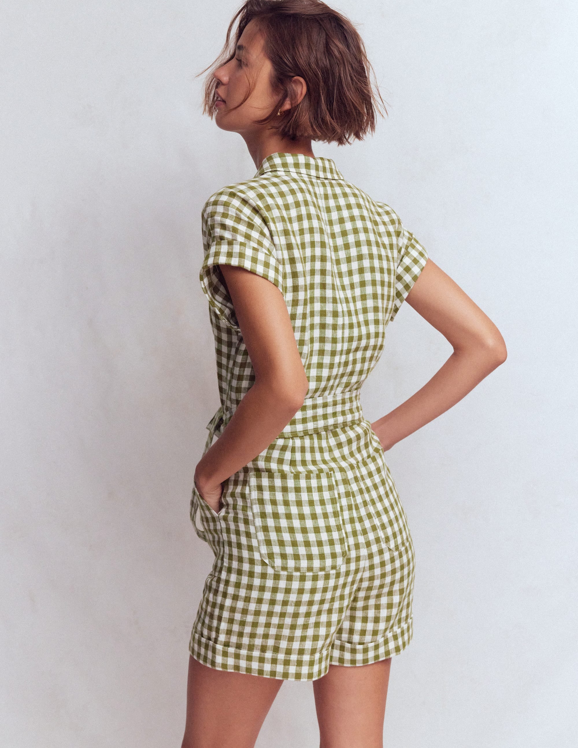 Kay Linen Playsuit-Olive, Ivory Gingham - Image 3