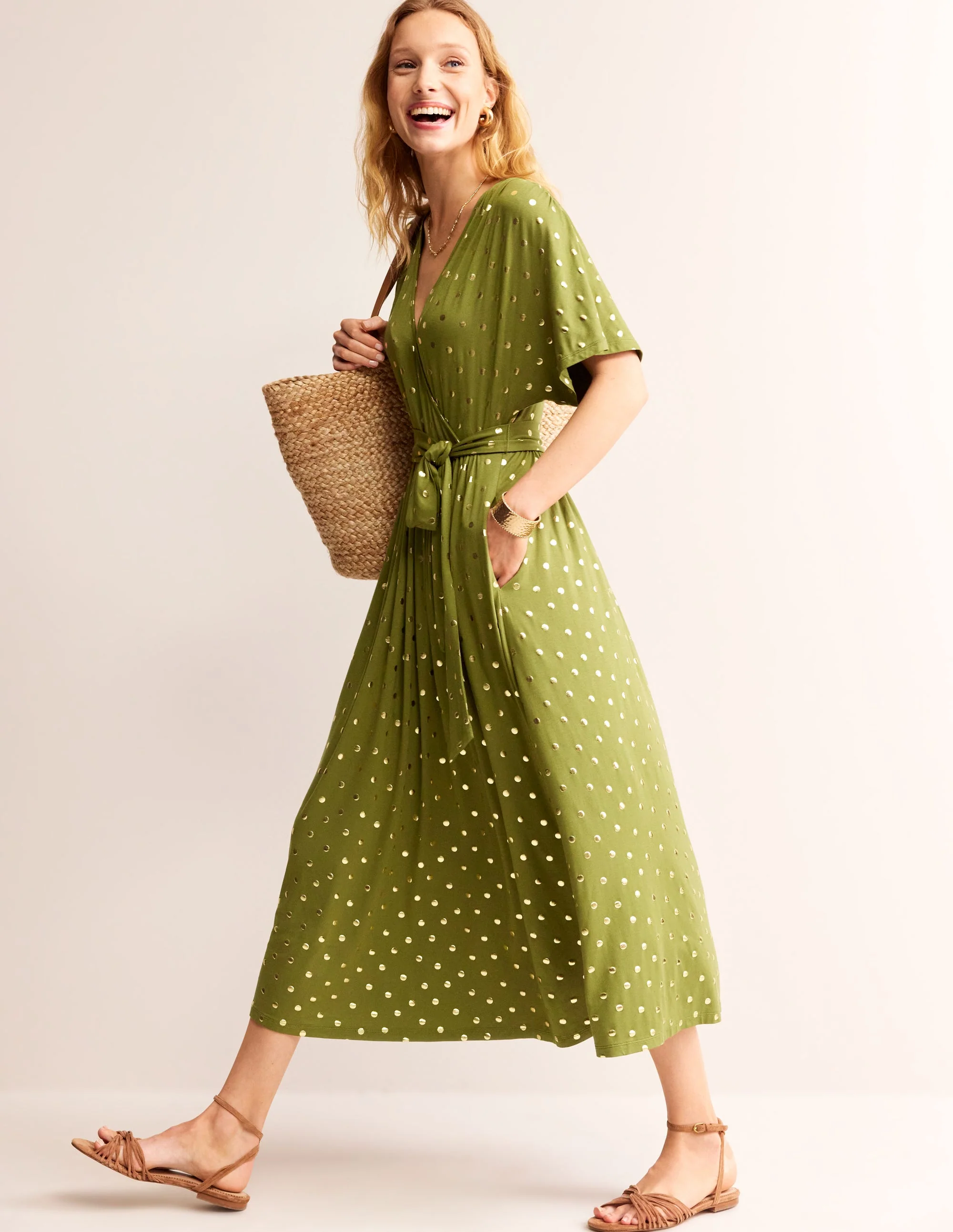 Kimono Wrap Jersey Midi Dress-Mayfly, Scattered Foil Spot - Image 4
