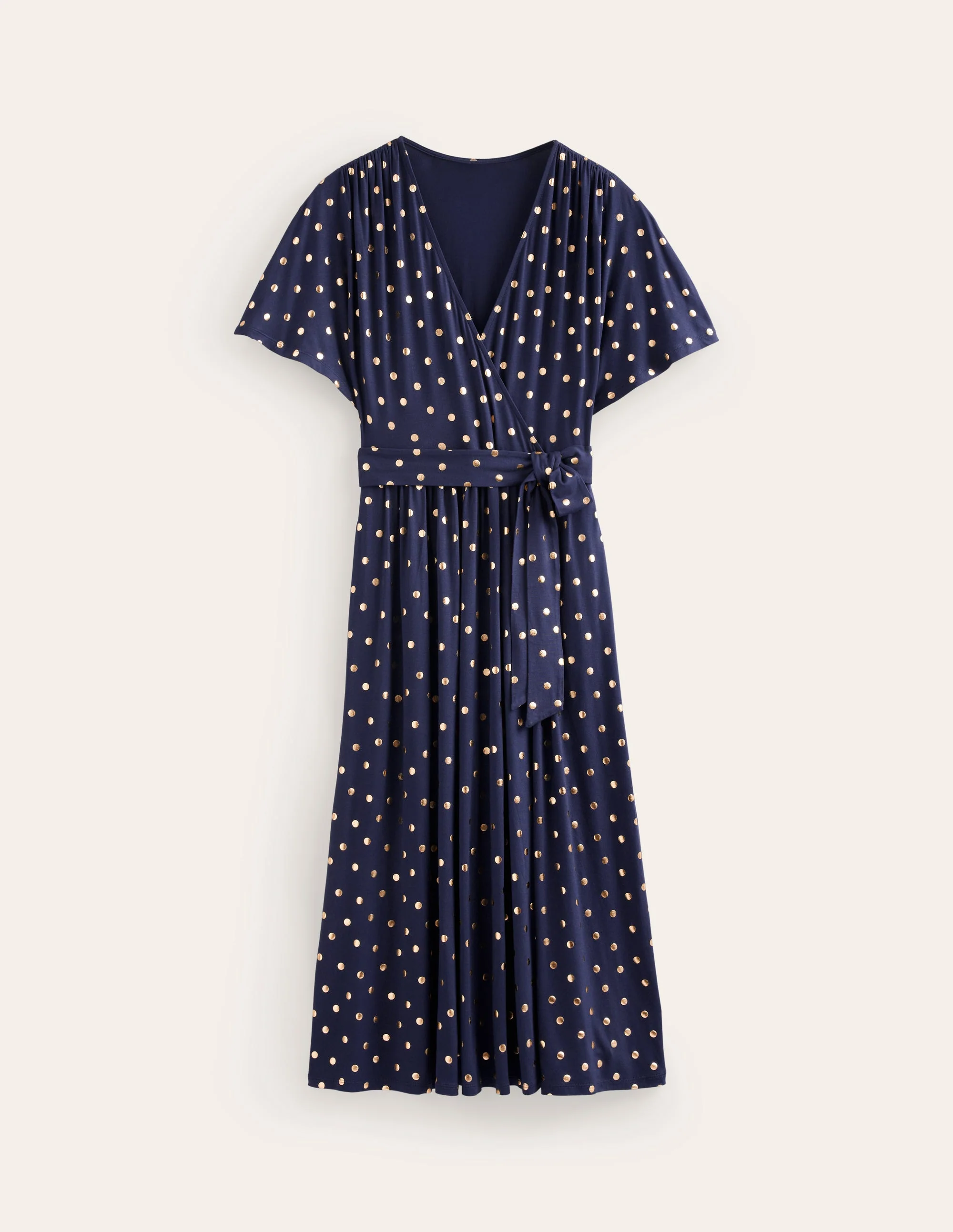 Kimono Wrap Jersey Midi Dress-Navy, Scattered Foil Spot - Image 6