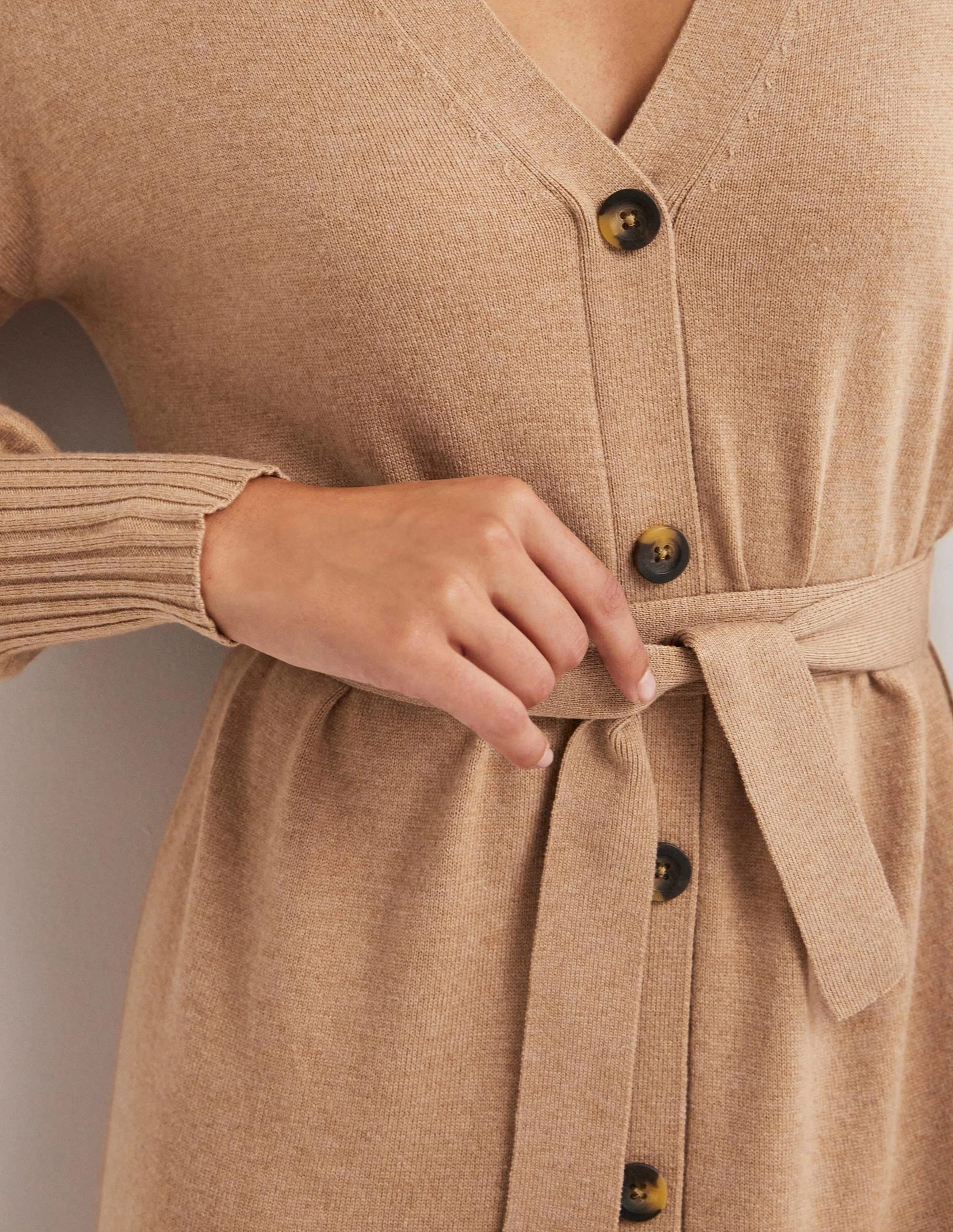 Knitted Cardigan Midi Dress-Camel Melange - Image 2