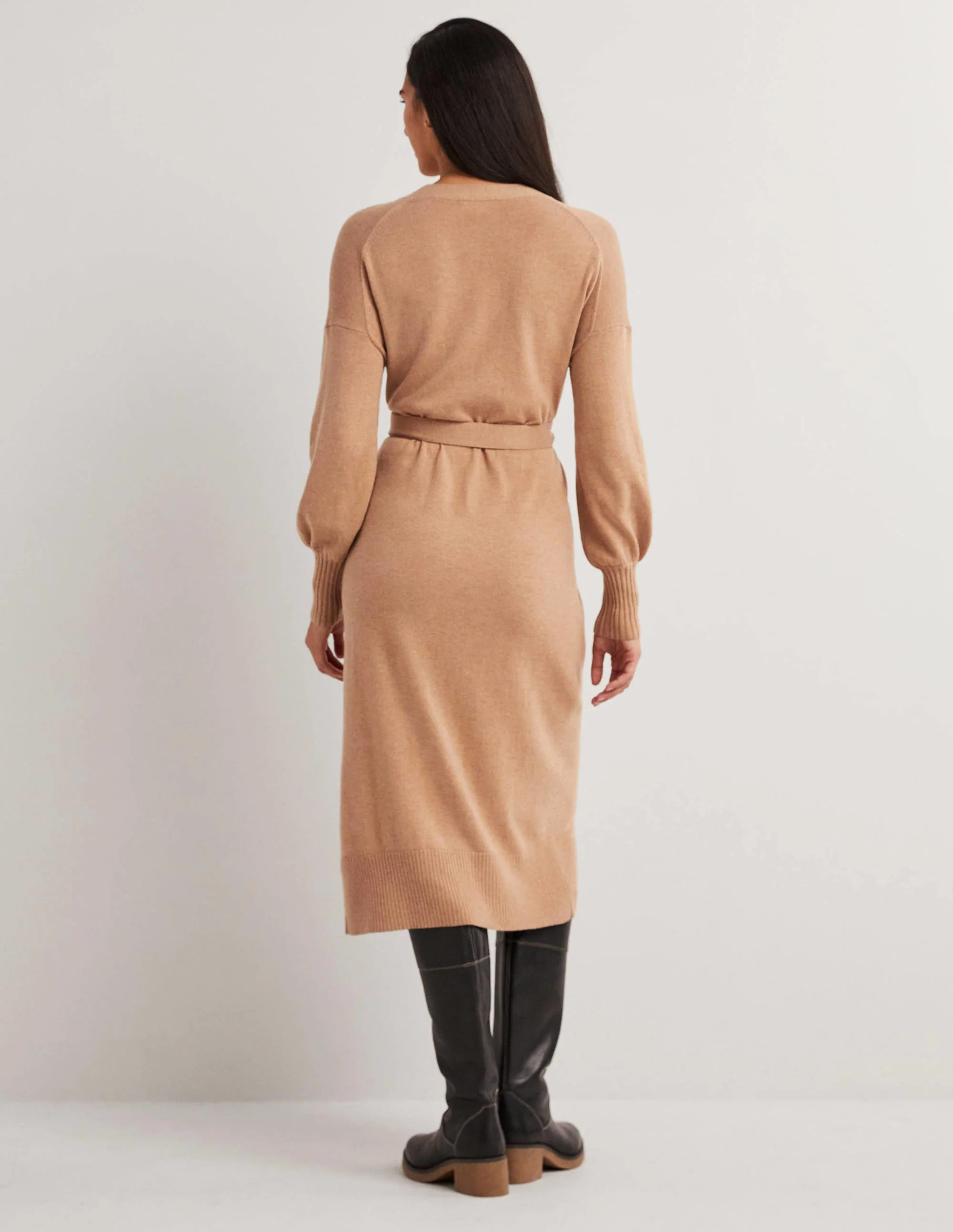 Knitted Cardigan Midi Dress-Camel Melange - Image 3