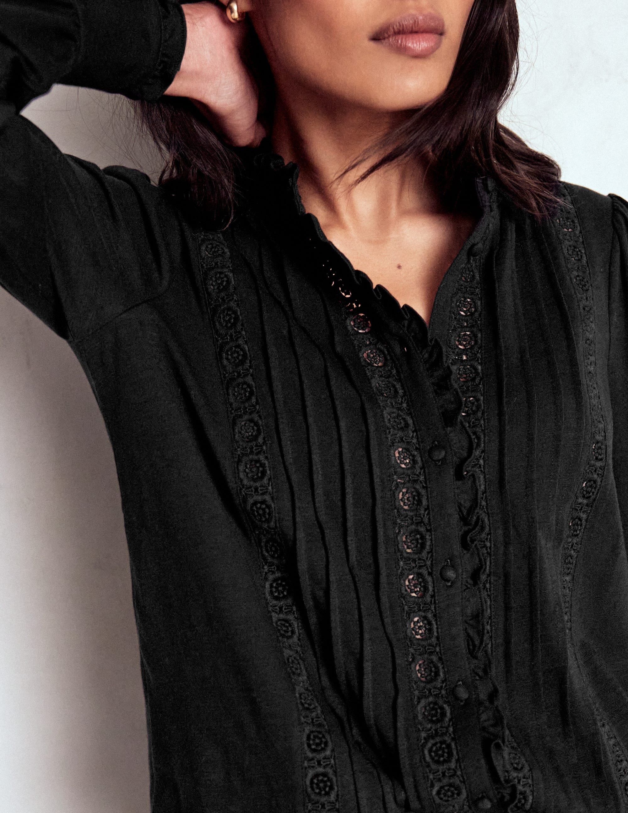 Lace Detail Jersey Shirt-Black - Image 2